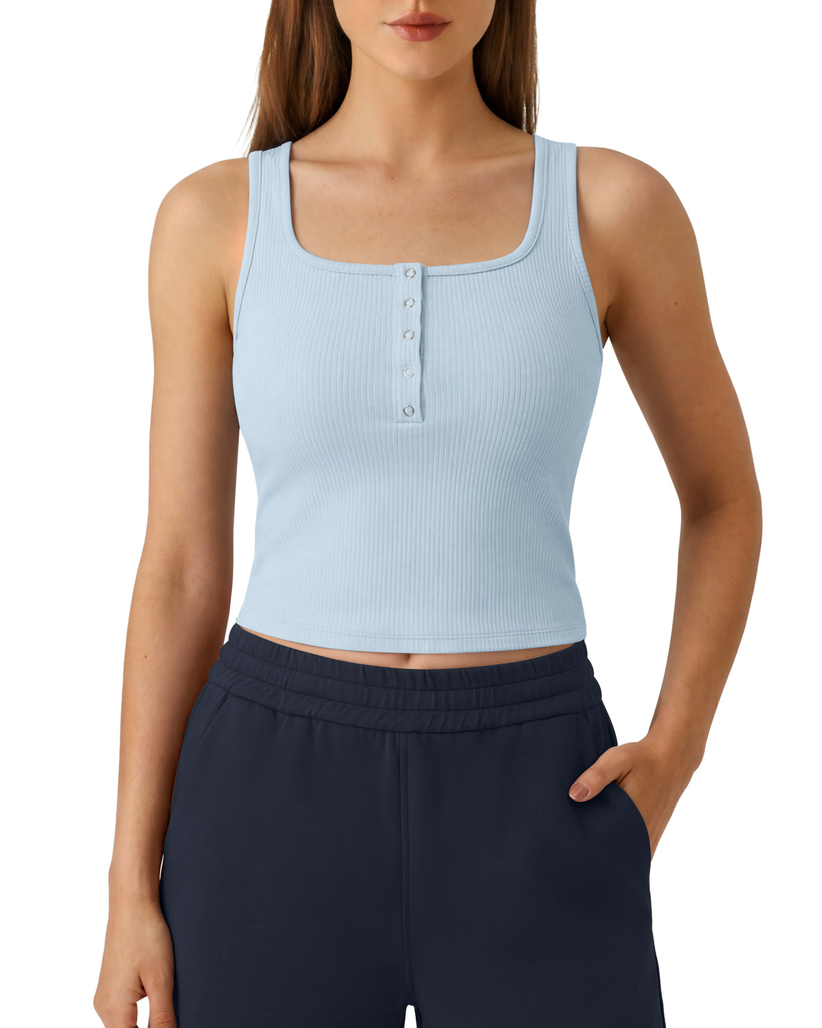 G4Free - Neck Sleeveless Crop Tops G4Free Ribbed Cropped Henley Tank Top -GF26L979A001F-XS