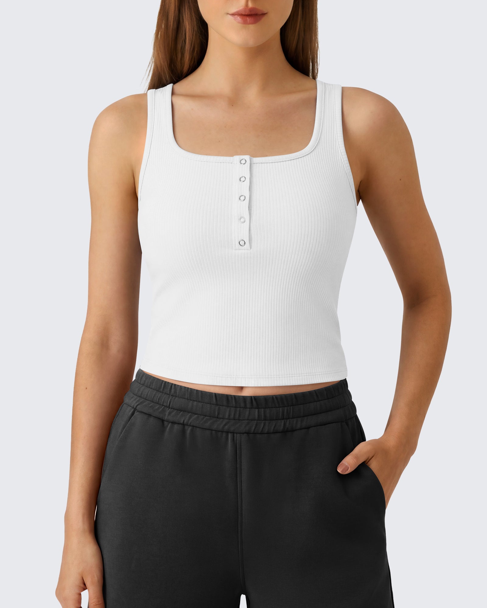 G4Free - Neck Sleeveless Crop Tops G4Free Ribbed Cropped Henley Tank Top -GF26L979B004F-XS