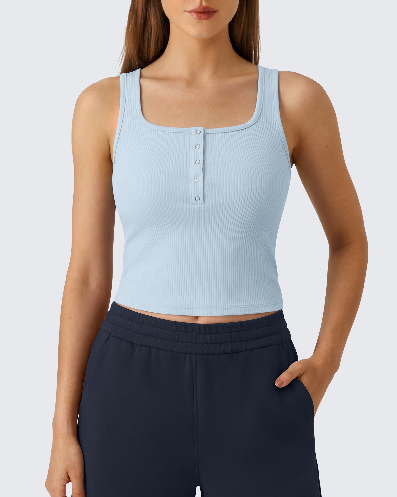 G4Free - Neck Sleeveless Crop Tops G4Free Ribbed Cropped Henley Tank Top -GF26L979D002F-XS