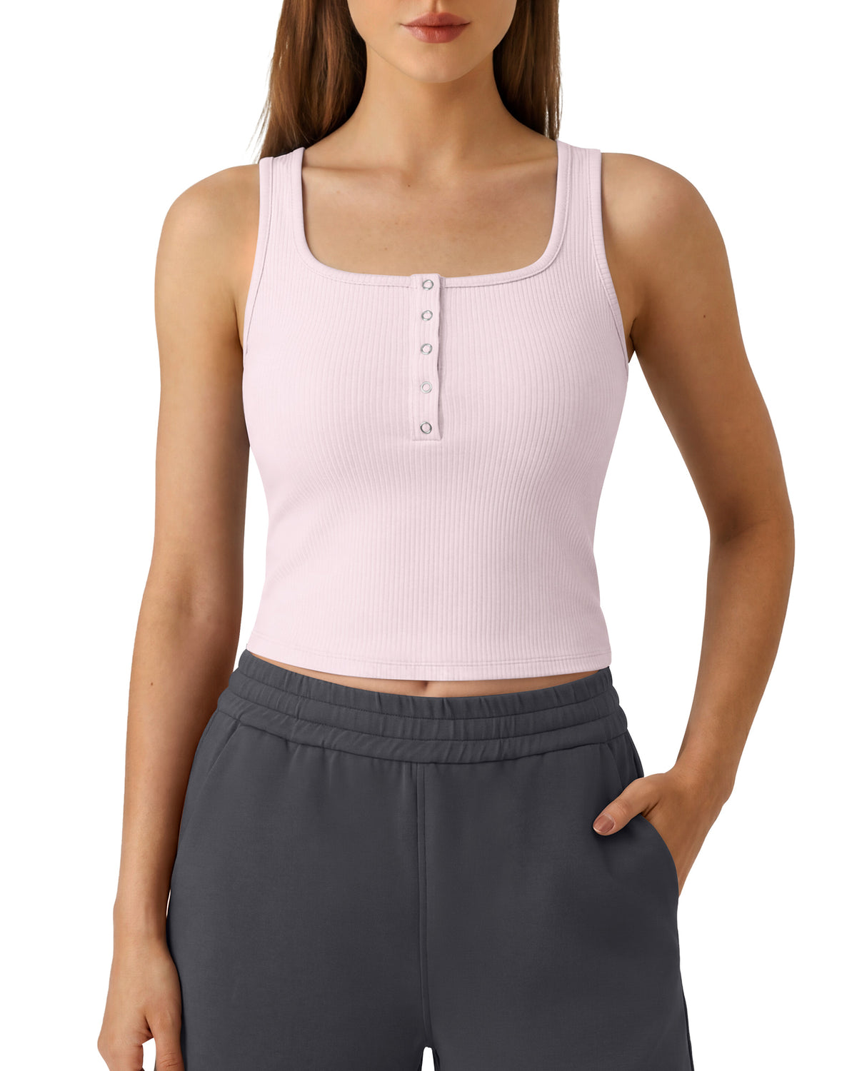 G4Free - Neck Sleeveless Crop Tops G4Free Ribbed Cropped Henley Tank Top -GF26L979E004F-XS