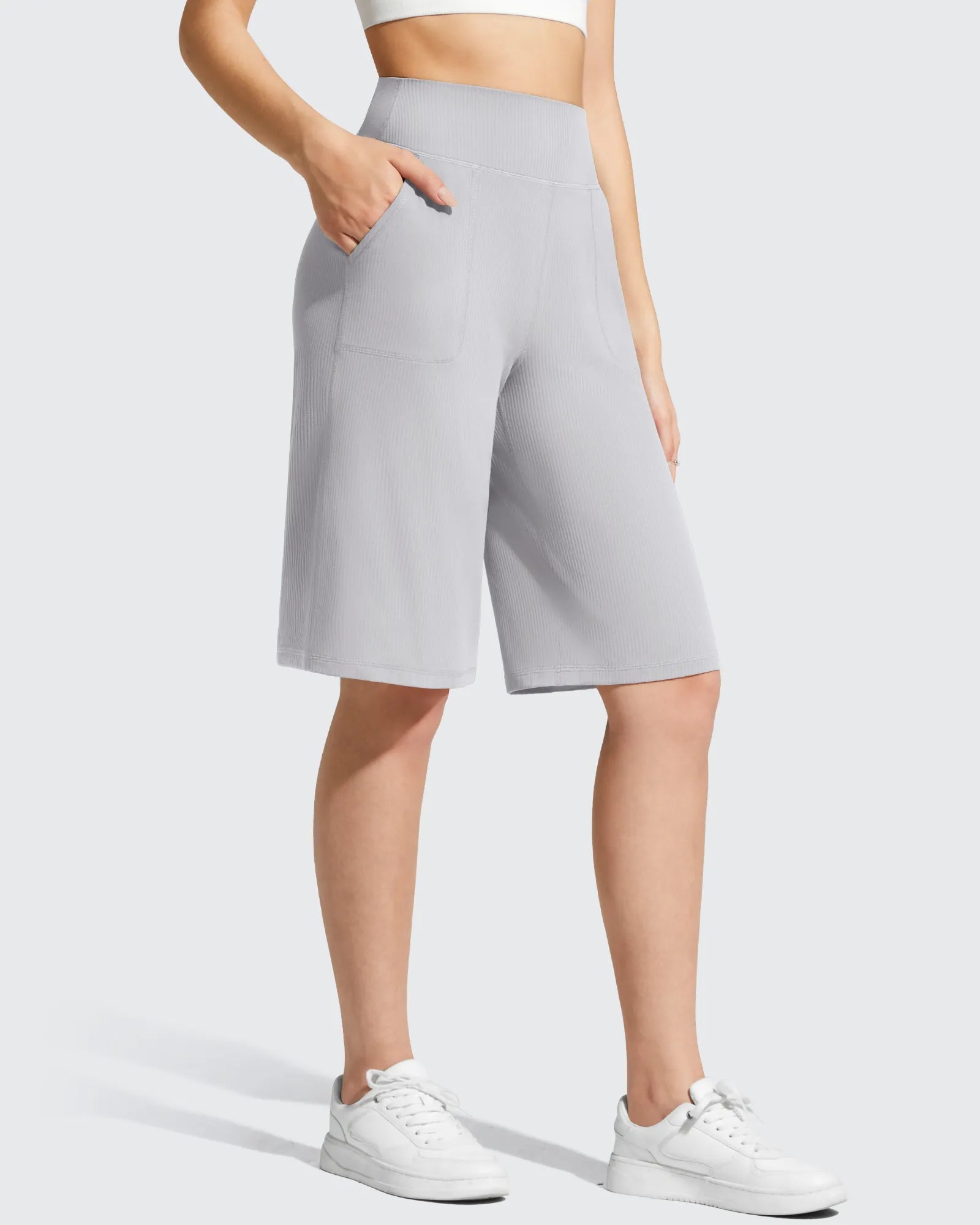 G4Free - Ribbed Bermuda High-Waist Knee Length Shorts 11'' -GF26E763A001F-XS