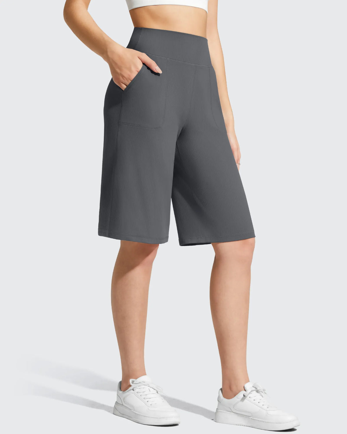 G4Free - Ribbed Bermuda High-Waist Knee Length Shorts 11'' -GF26E763A001F-XS