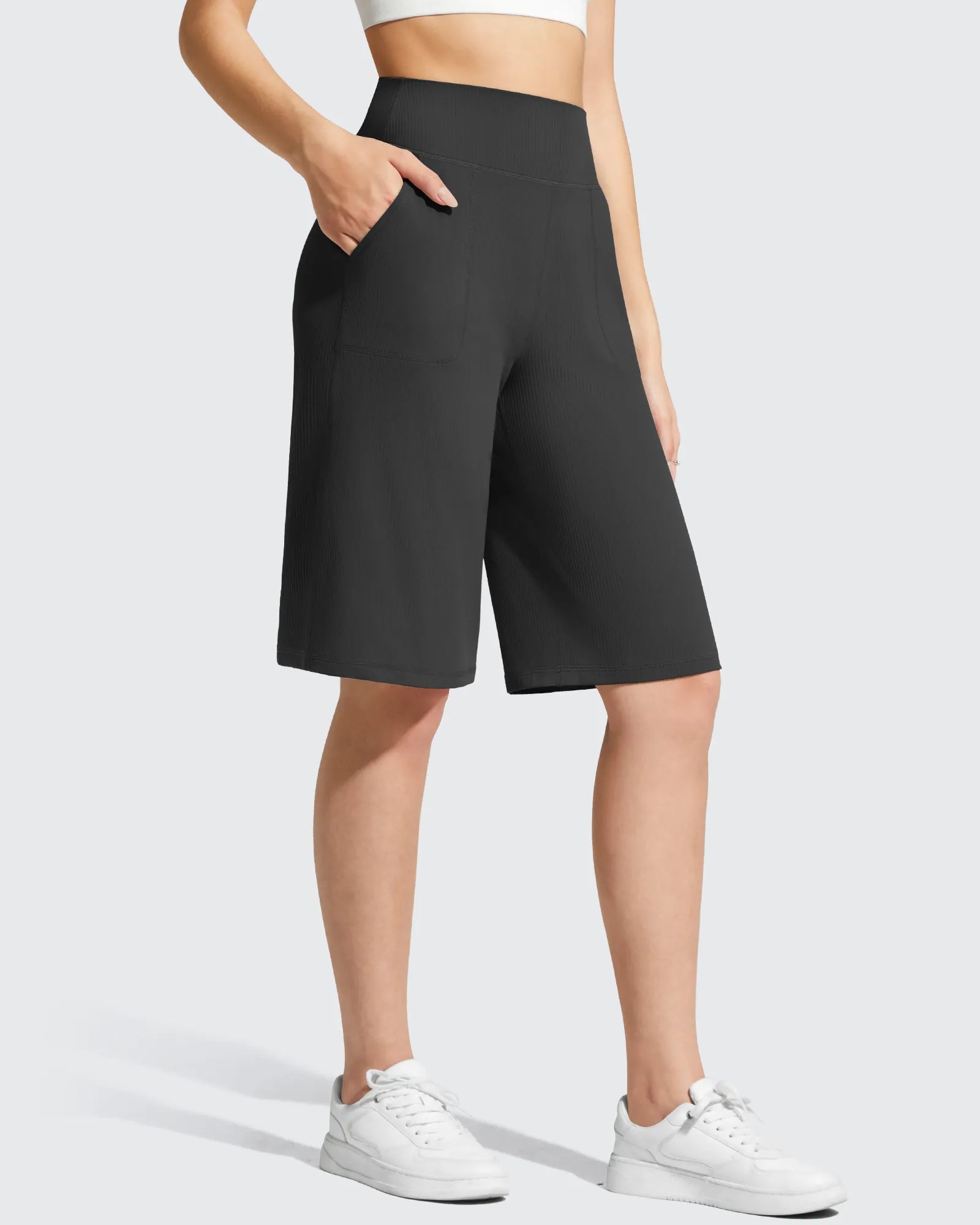G4Free - Ribbed Bermuda High-Waist Knee Length Shorts 11'' -GF26E763A001F-XS