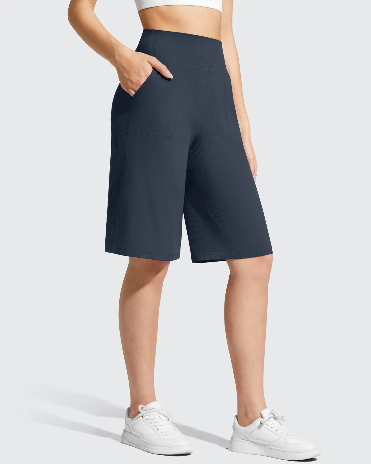 G4Free - Ribbed Bermuda High-Waist Knee Length Shorts 11'' -GF26E763A001F-XS