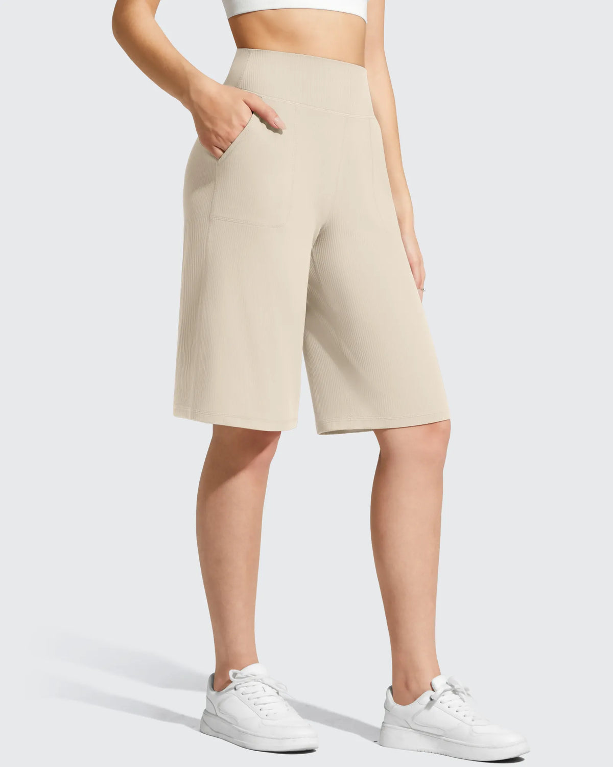G4Free - Ribbed Bermuda High-Waist Knee Length Shorts 11'' -GF26E763A001F-XS