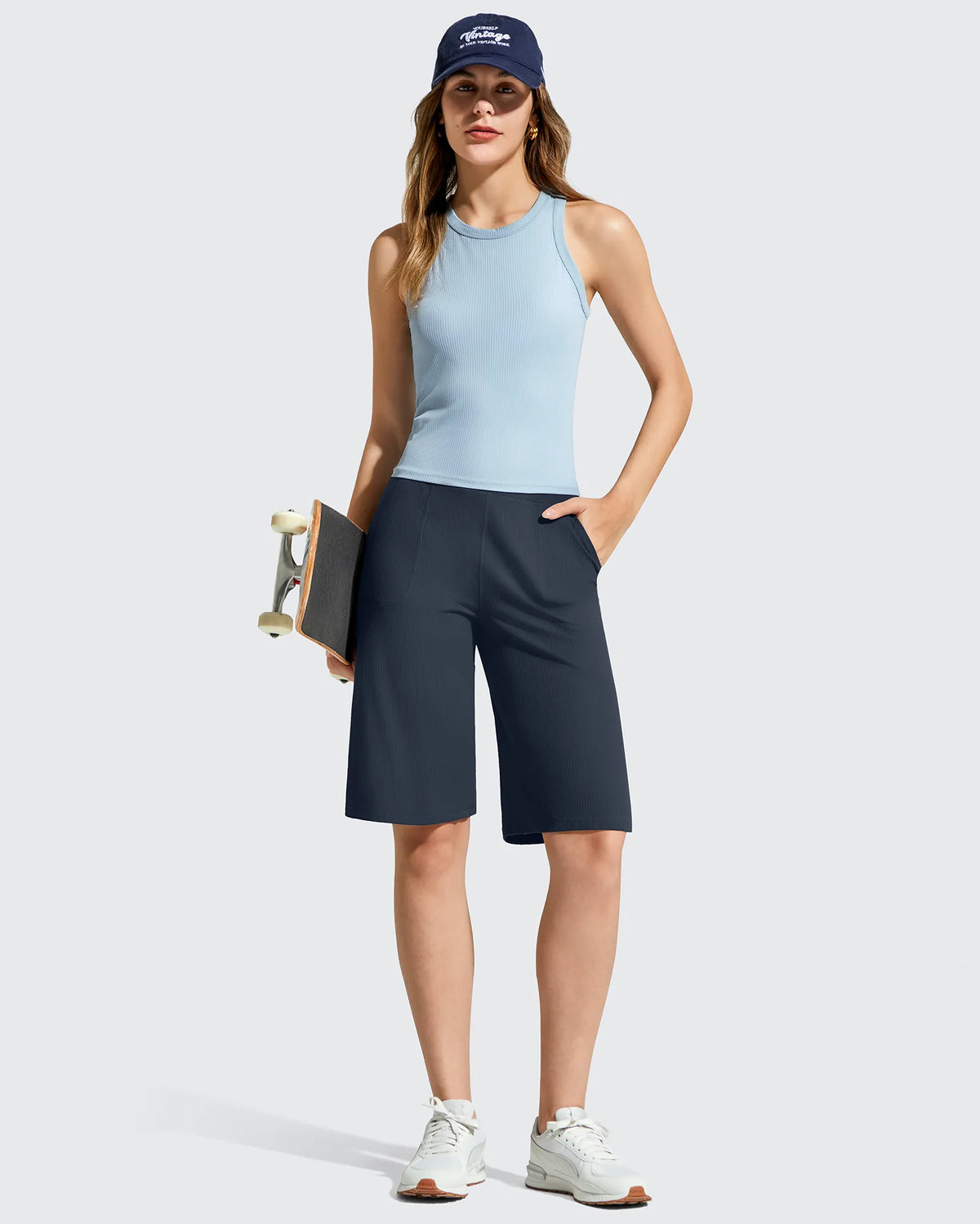 G4Free - Ribbed Bermuda High-Waist Knee Length Shorts 11'' -GF26E763A001F-XS
