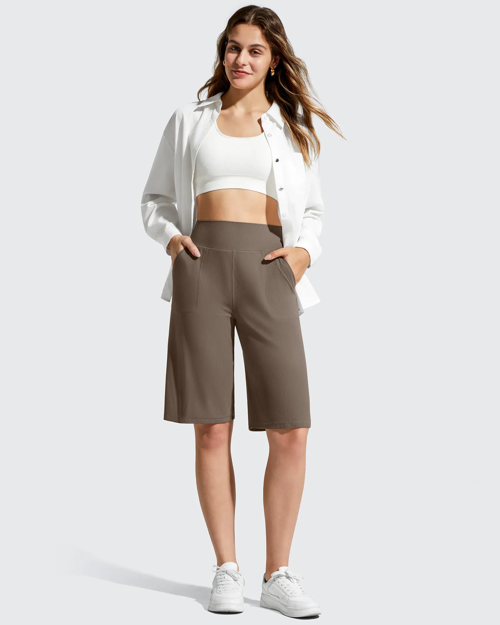 G4Free - Ribbed Bermuda High-Waist Knee Length Shorts 11'' -GF26E763A001F-XS