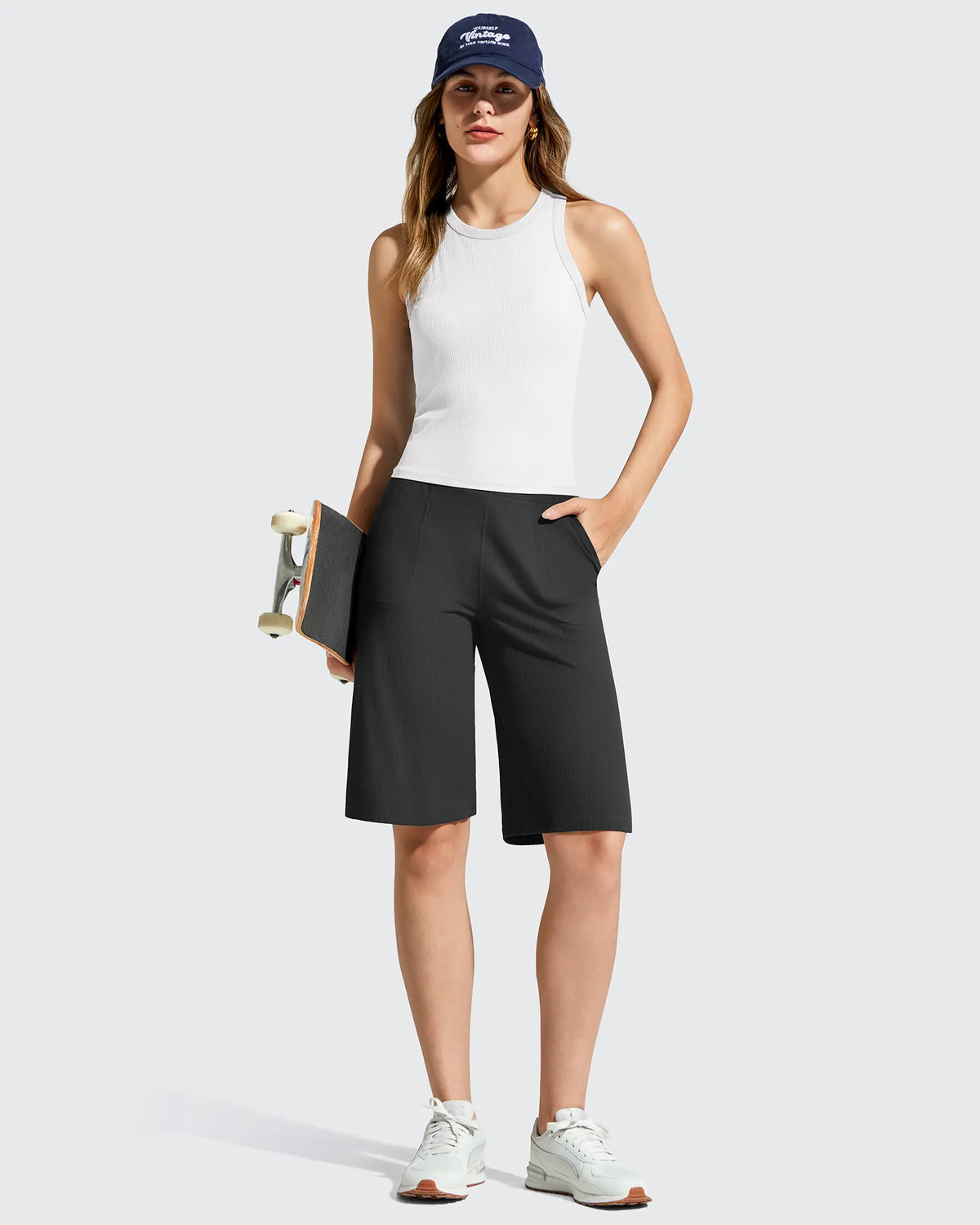 G4Free - Ribbed Bermuda High-Waist Knee Length Shorts 11'' -GF26E763A001F-XS
