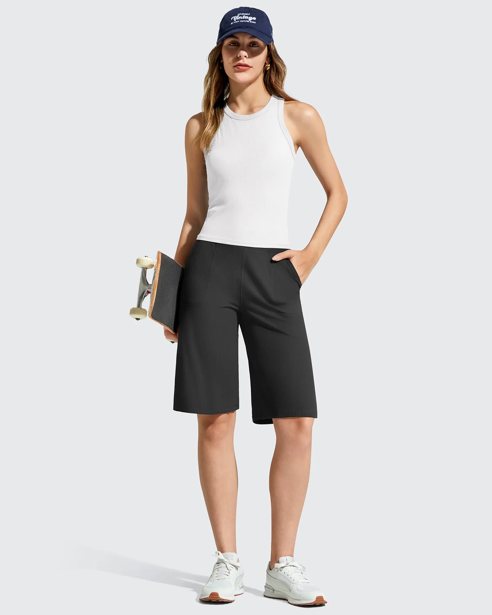 G4Free - Ribbed Bermuda High-Waist Knee Length Shorts 11'' -GF26E763A001F-XS