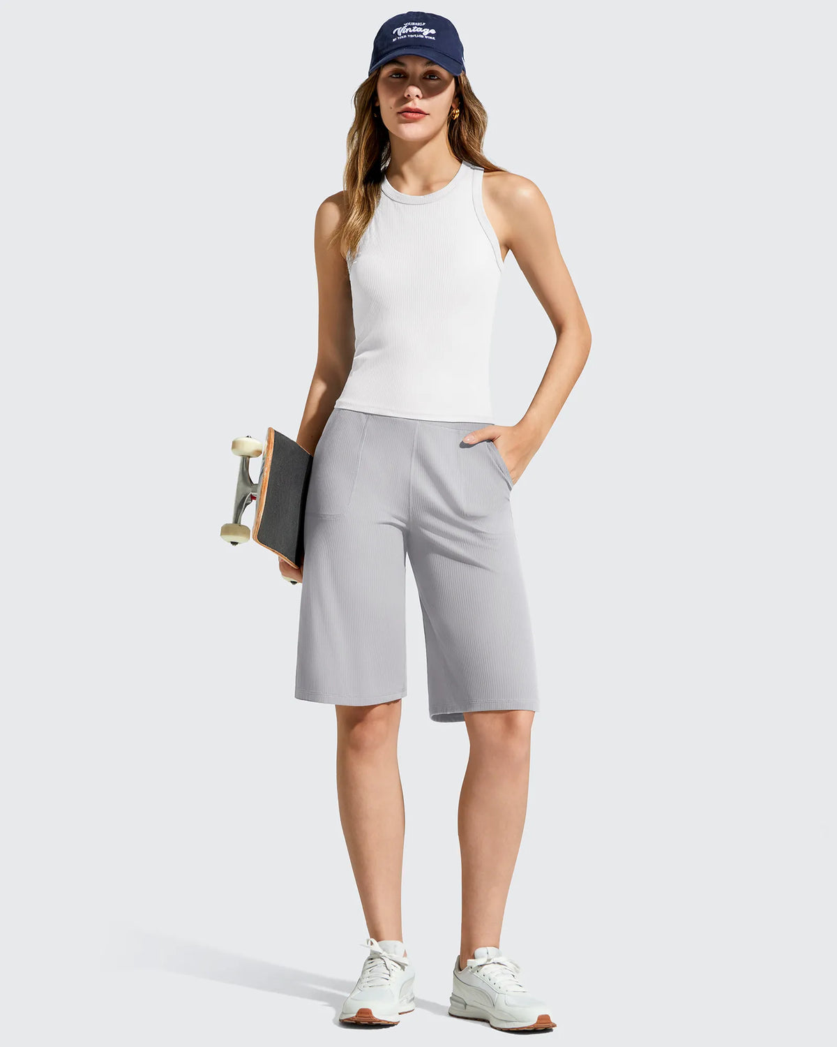 G4Free - Ribbed Bermuda High-Waist Knee Length Shorts 11'' -GF26E763A001F-XS