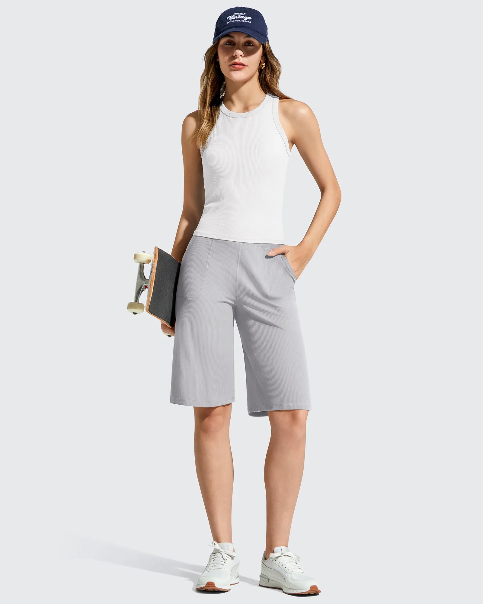 G4Free - Ribbed Bermuda High-Waist Knee Length Shorts 11'' -GF26E763A001F-XS