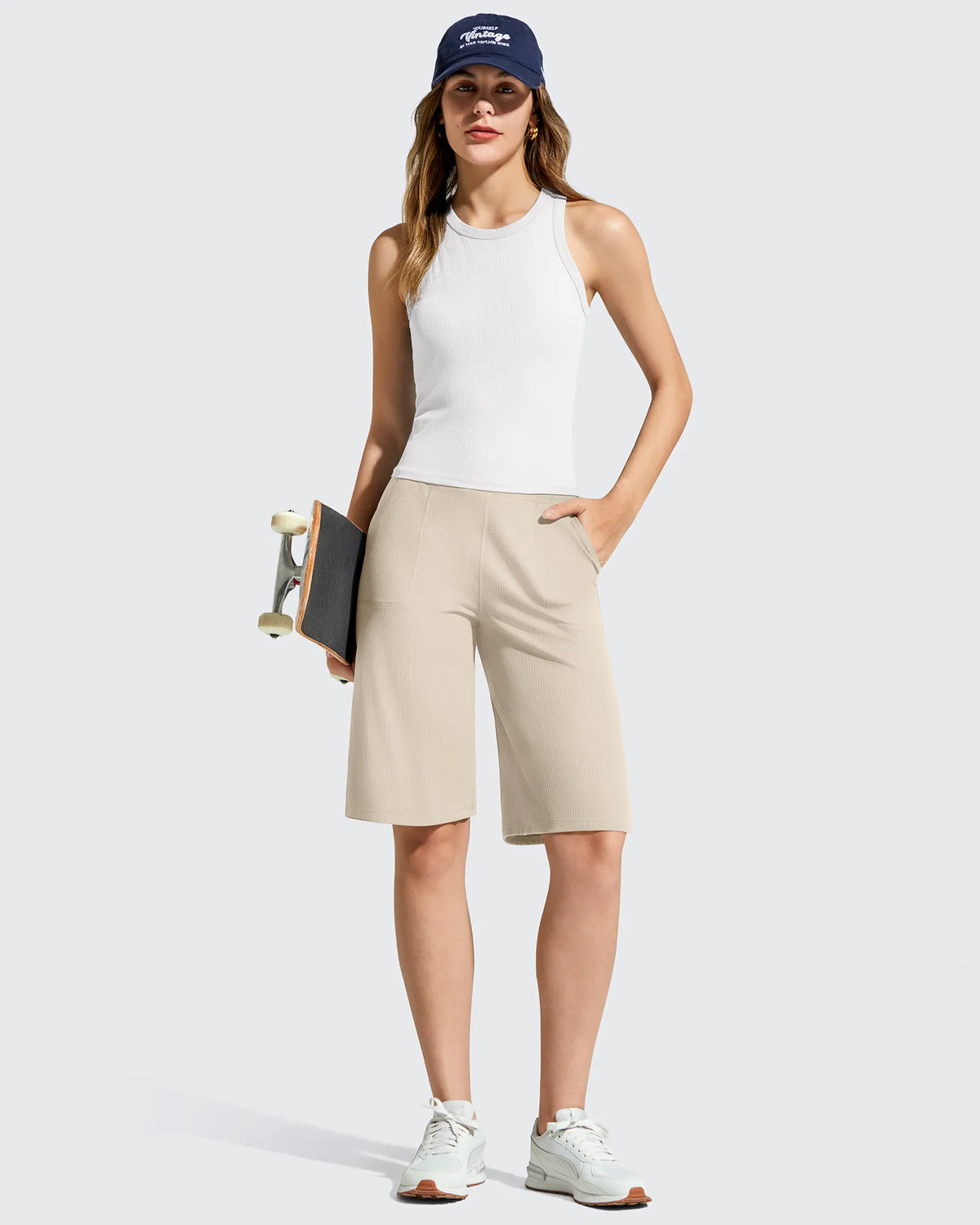 G4Free - Ribbed Bermuda High-Waist Knee Length Shorts 11'' -GF26E763A001F-XS