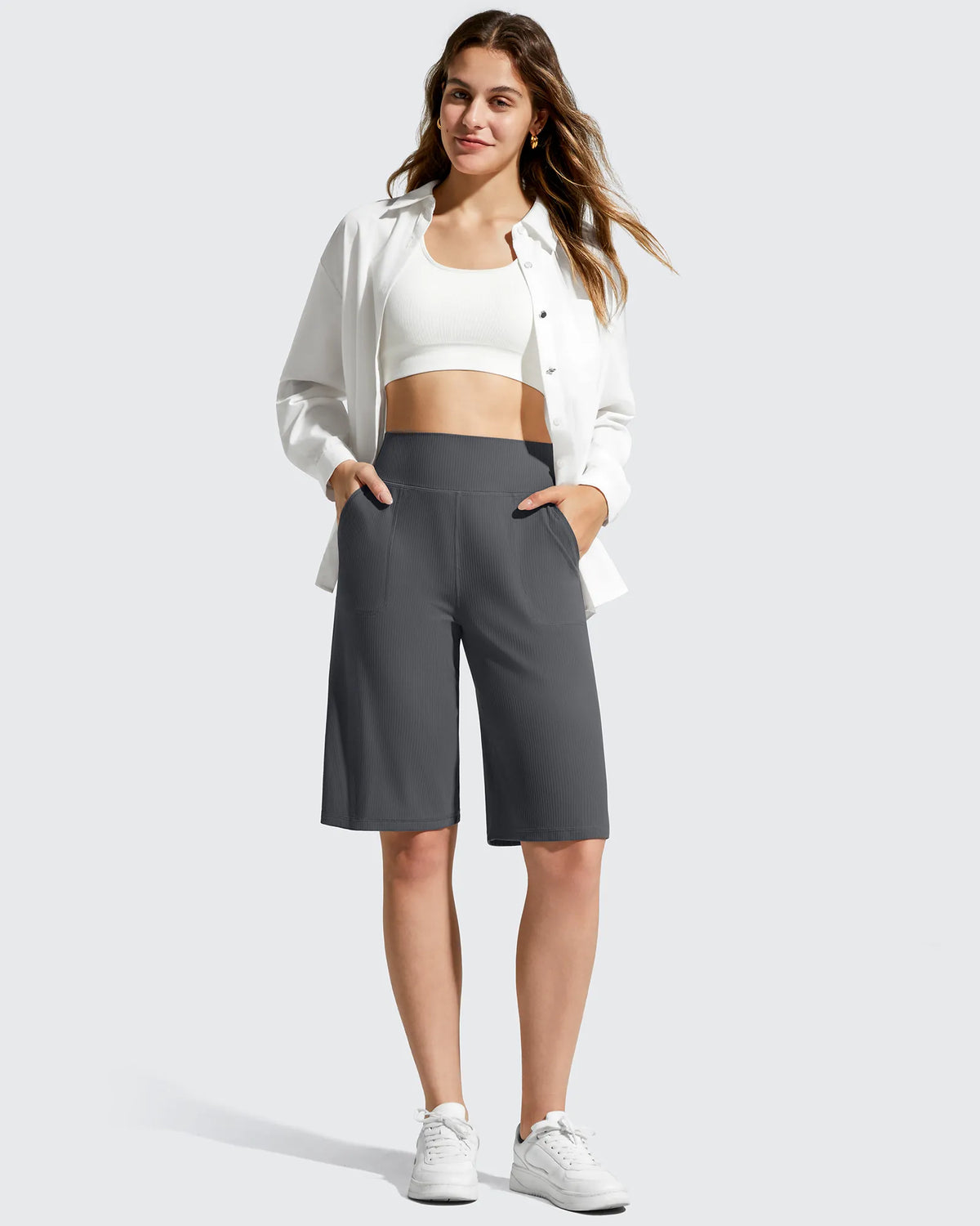 G4Free - Ribbed Bermuda High-Waist Knee Length Shorts 11'' -GF26E763A001F-XS