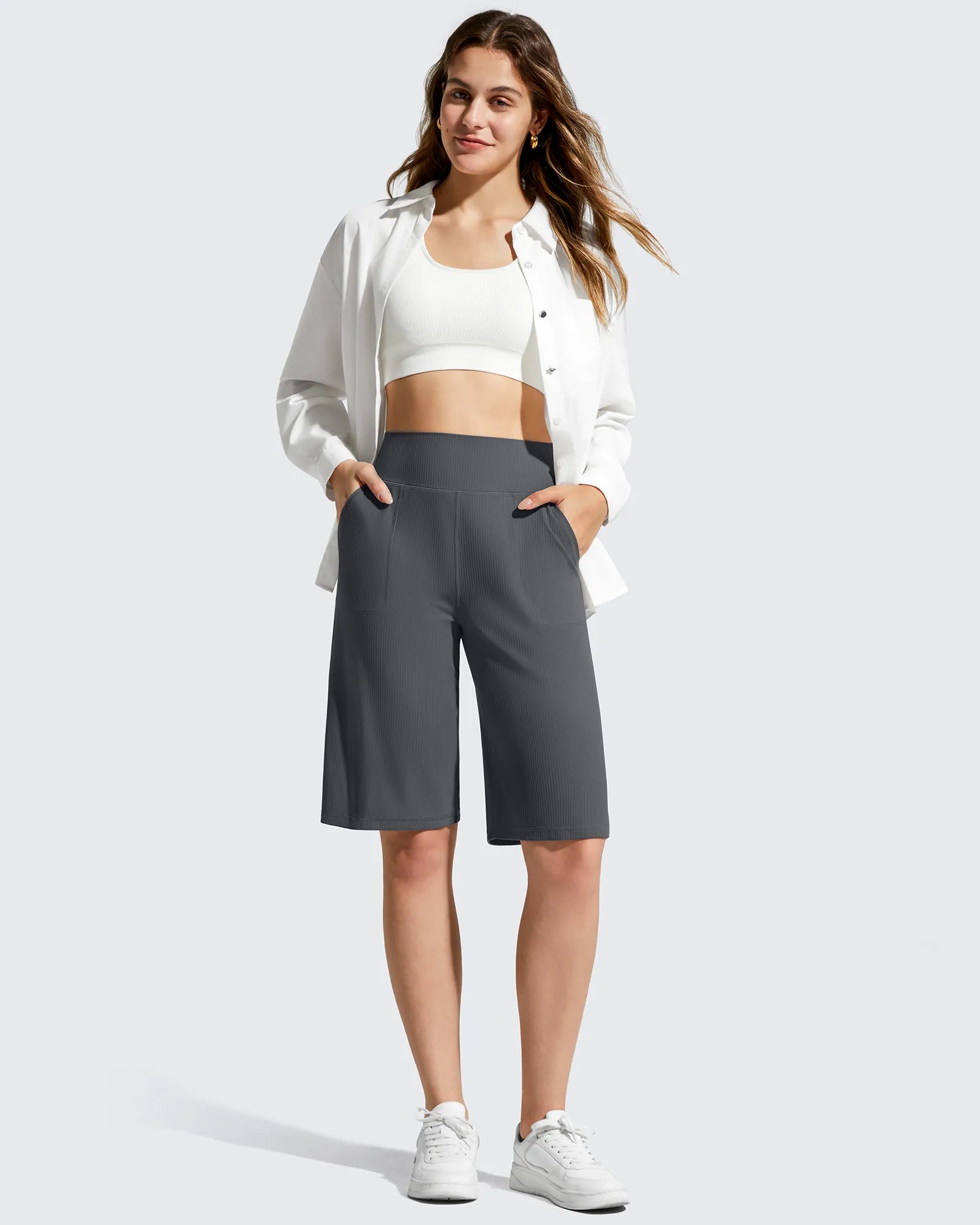 G4Free - Ribbed Bermuda High-Waist Knee Length Shorts 11'' -GF26E763A001F-XS