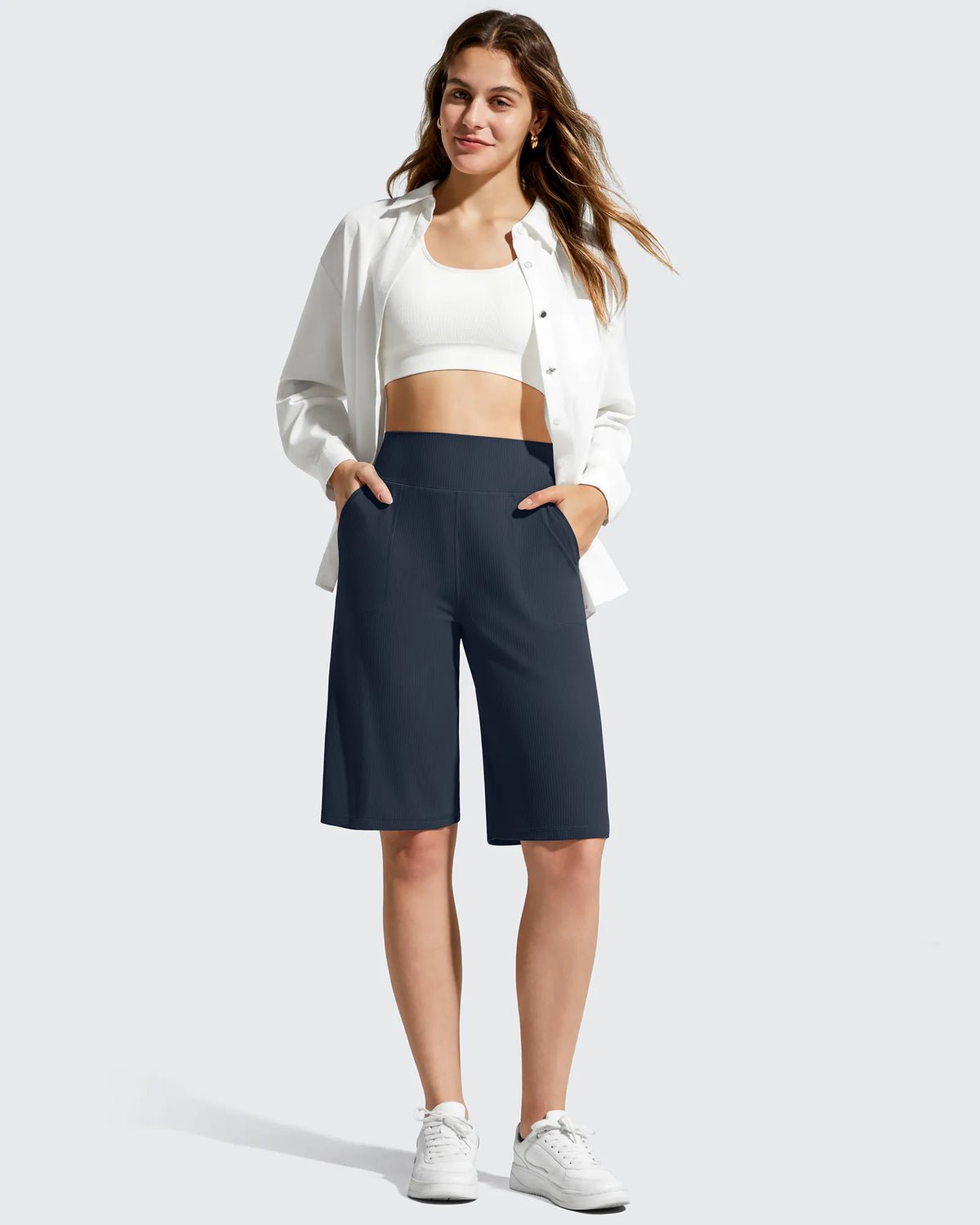 G4Free - Ribbed Bermuda High-Waist Knee Length Shorts 11'' -GF26E763A001F-XS