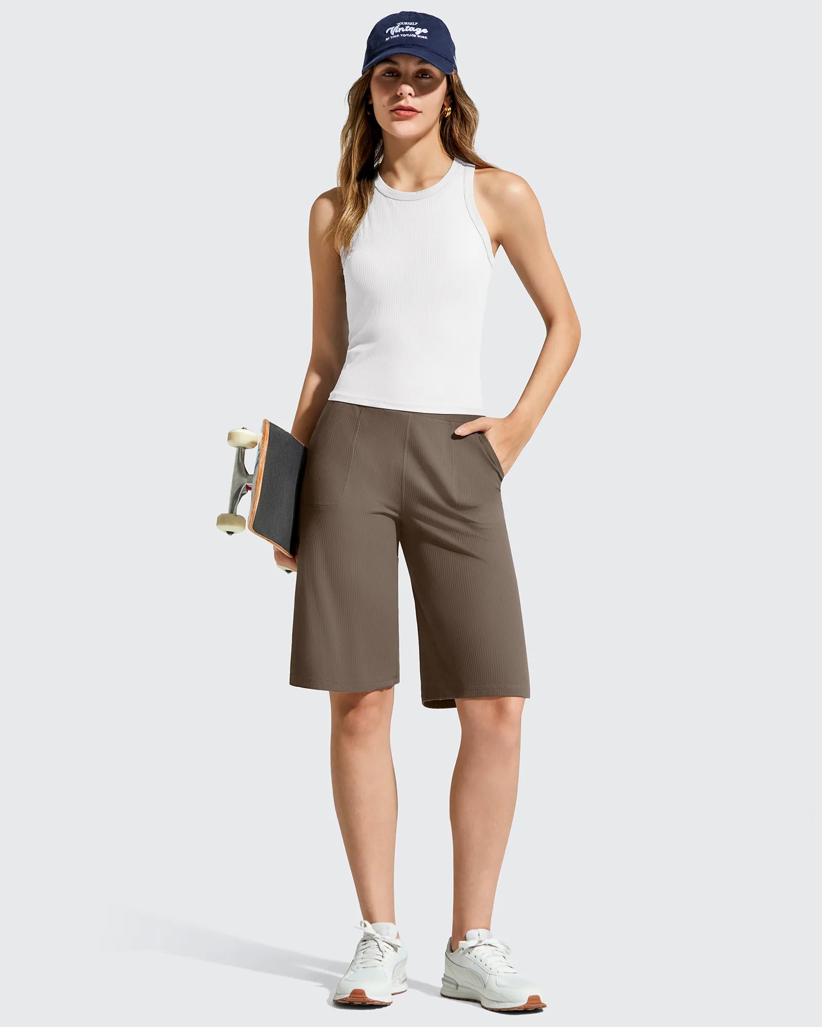 G4Free - Ribbed Bermuda High-Waist Knee Length Shorts 11'' -GF26E763A001F-XS