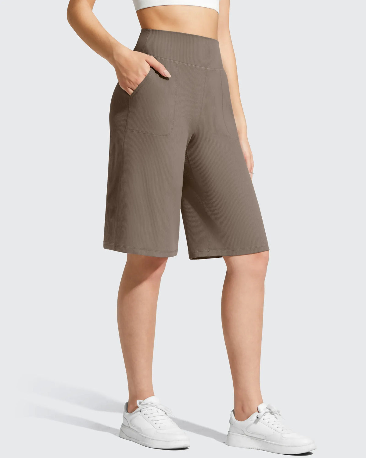 G4Free - Ribbed Bermuda High-Waist Knee Length Shorts 11'' -GF26E763A001F-XS