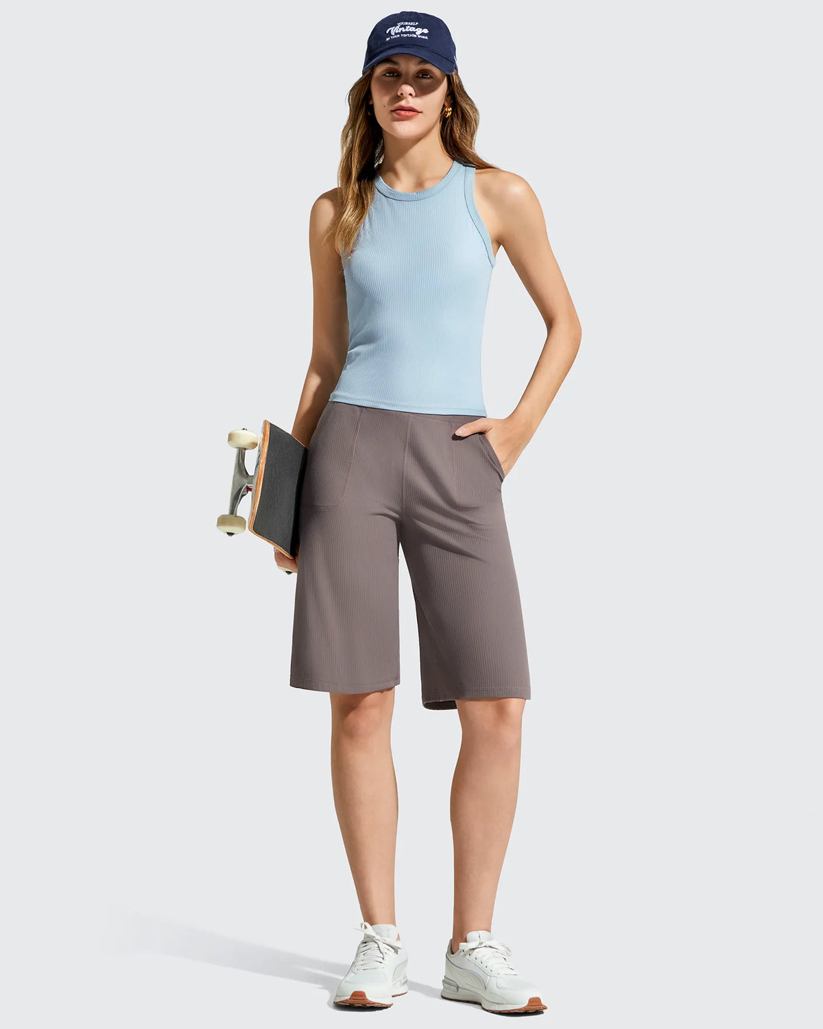 G4Free - Ribbed Bermuda High-Waist Knee Length Shorts 11'' -GF26E763A001F-XS