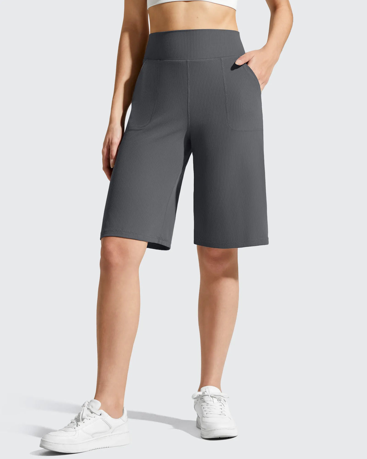 G4Free - Ribbed Bermuda High-Waist Knee Length Shorts 11'' -GF26E763C001F-XS