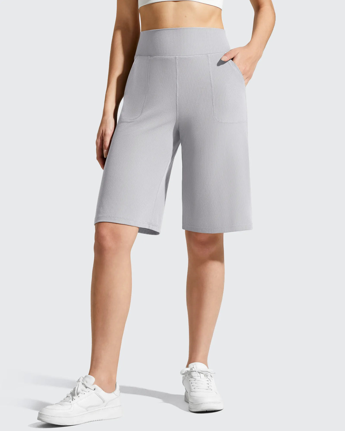 G4Free - Ribbed Bermuda High-Waist Knee Length Shorts 11'' -GF26E763C005F-XS