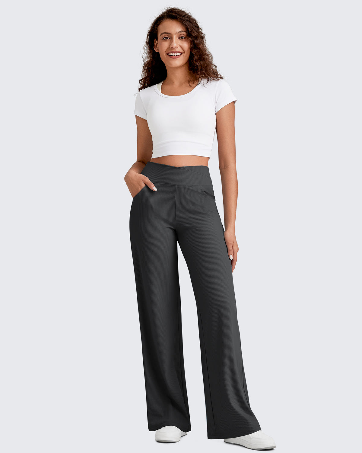 G4Free - Ribbed Cross High-Waist Wide Leg Pants -GF25J505AF-XS