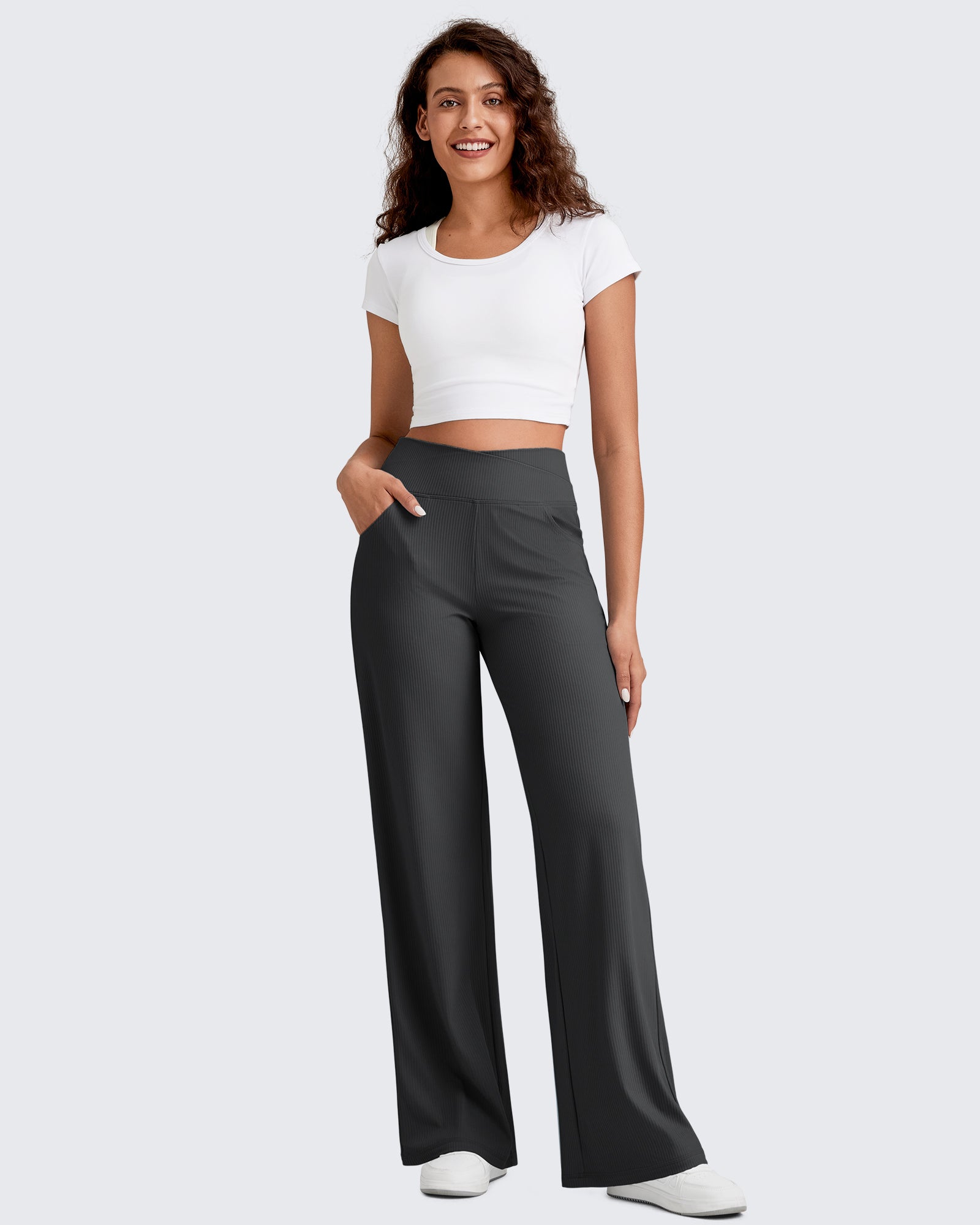 G4Free - Ribbed Cross High-Waist Wide Leg Pants -GF25J505AF-XS