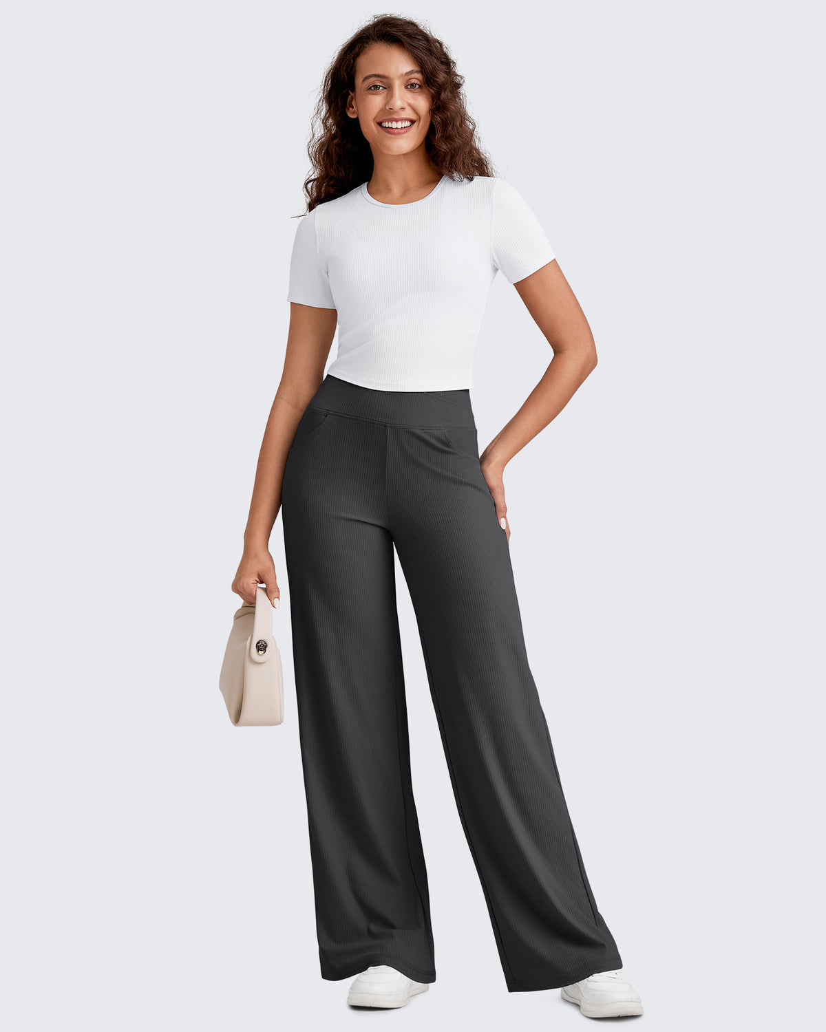 G4Free - Ribbed Cross High-Waist Wide Leg Pants -GF25J505AF-XS