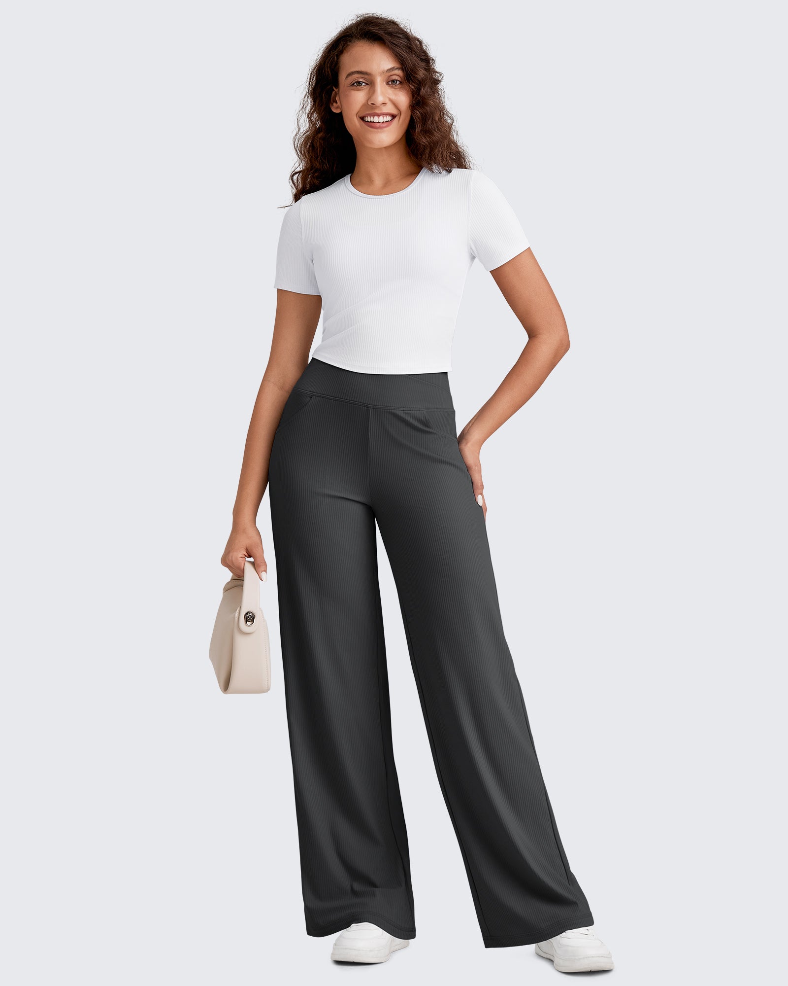 G4Free - Ribbed Cross High-Waist Wide Leg Pants -GF25J505AF-XS