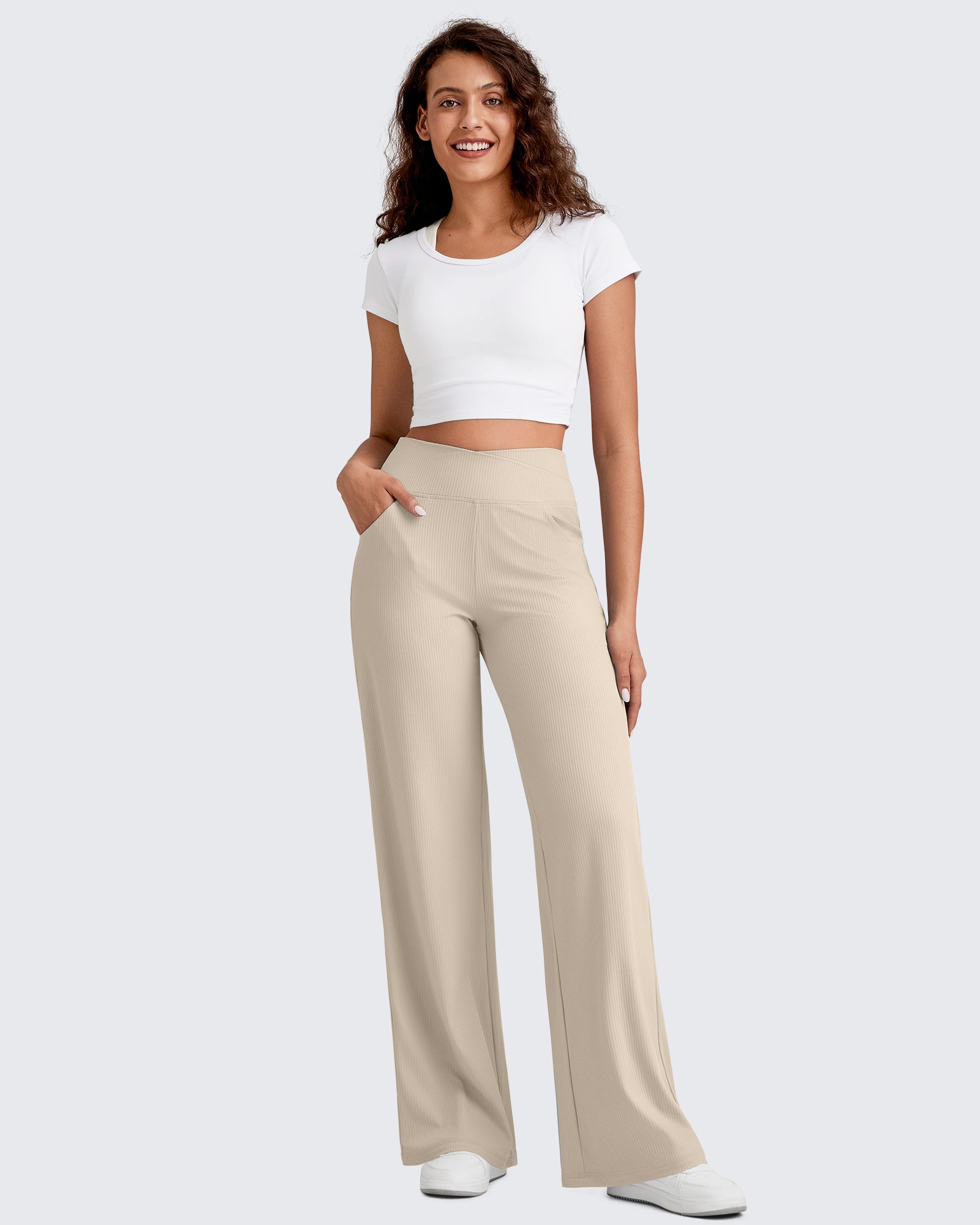 G4Free - Ribbed Cross High-Waist Wide Leg Pants -GF25J505AF-XS