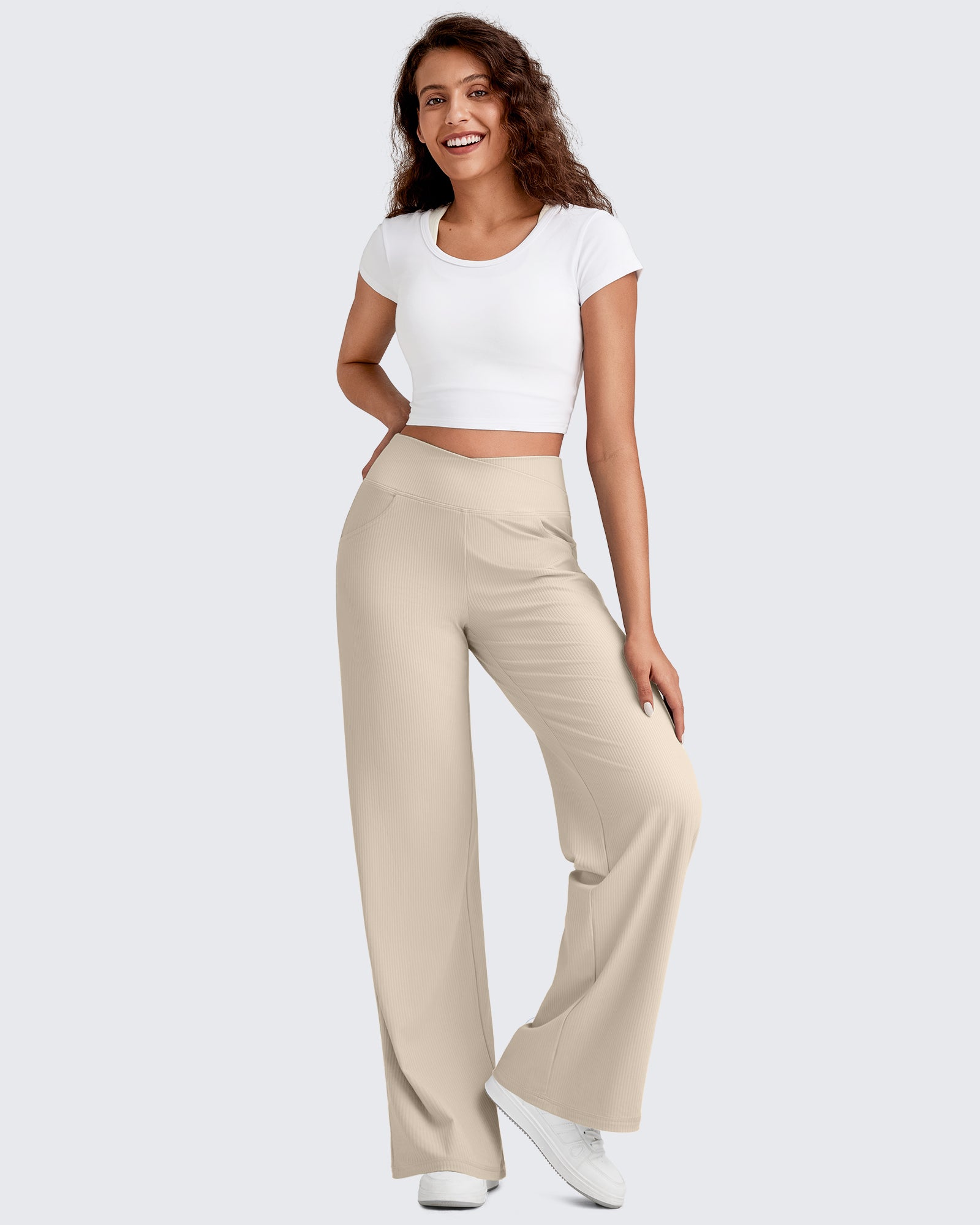 G4Free - Ribbed Cross High-Waist Wide Leg Pants -GF25J505AF-XS