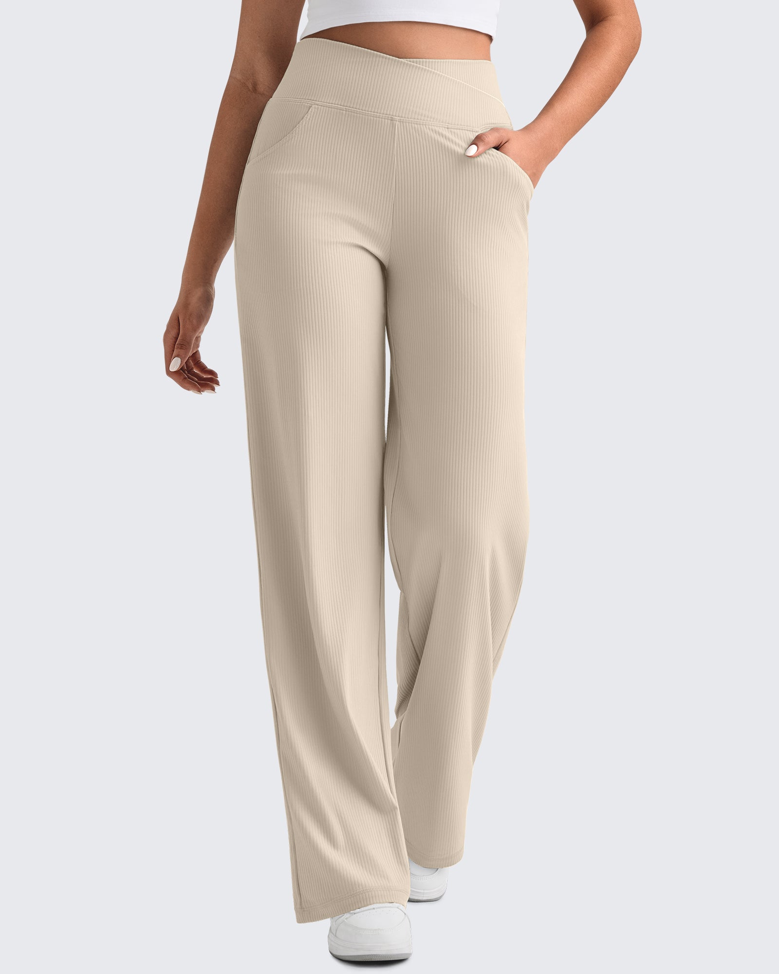 G4Free - Ribbed Cross High-Waist Wide Leg Pants -GF25J505AF-XS