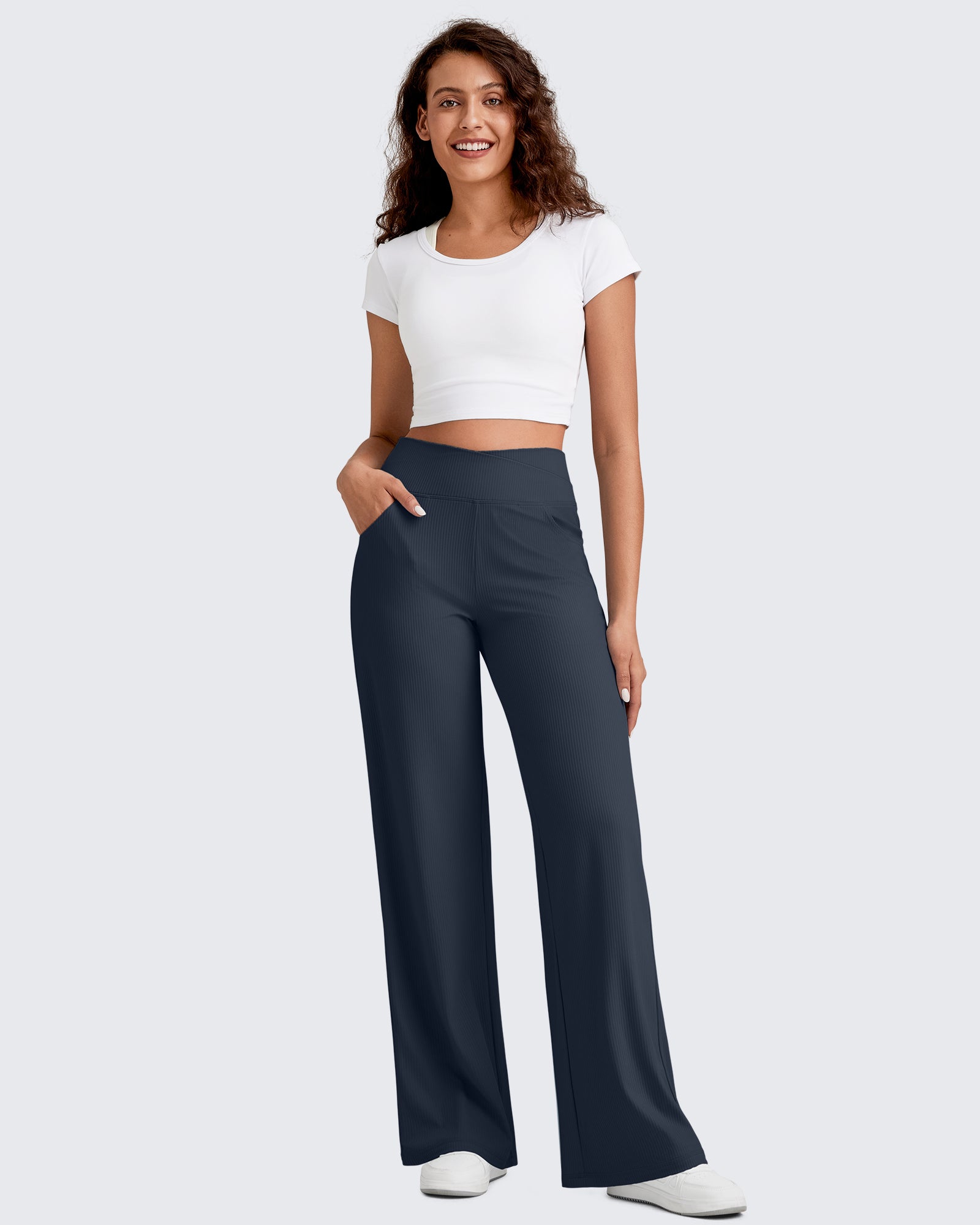 G4Free - Ribbed Cross High-Waist Wide Leg Pants -GF25J505AF-XS