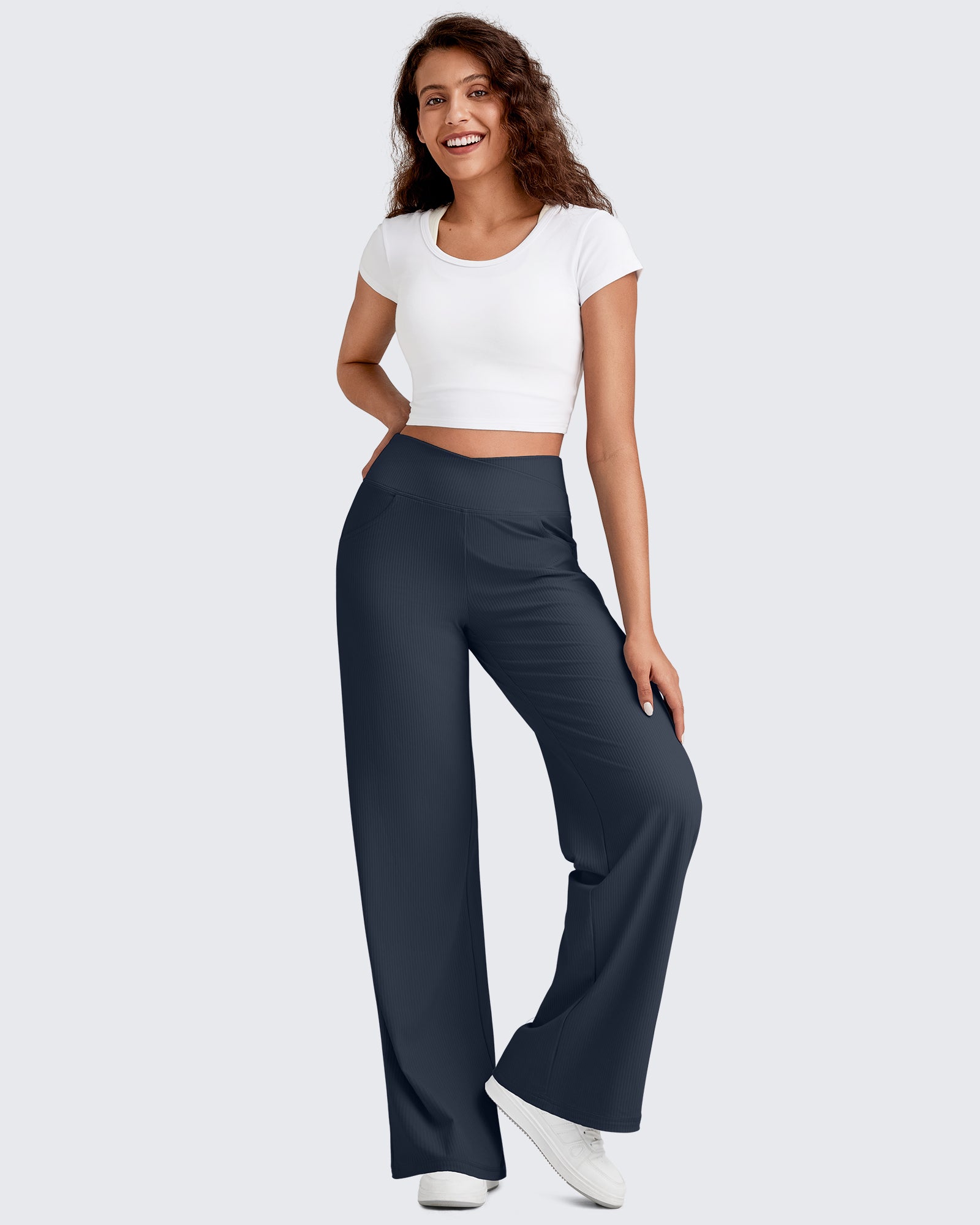 G4Free - Ribbed Cross High-Waist Wide Leg Pants -GF25J505AF-XS