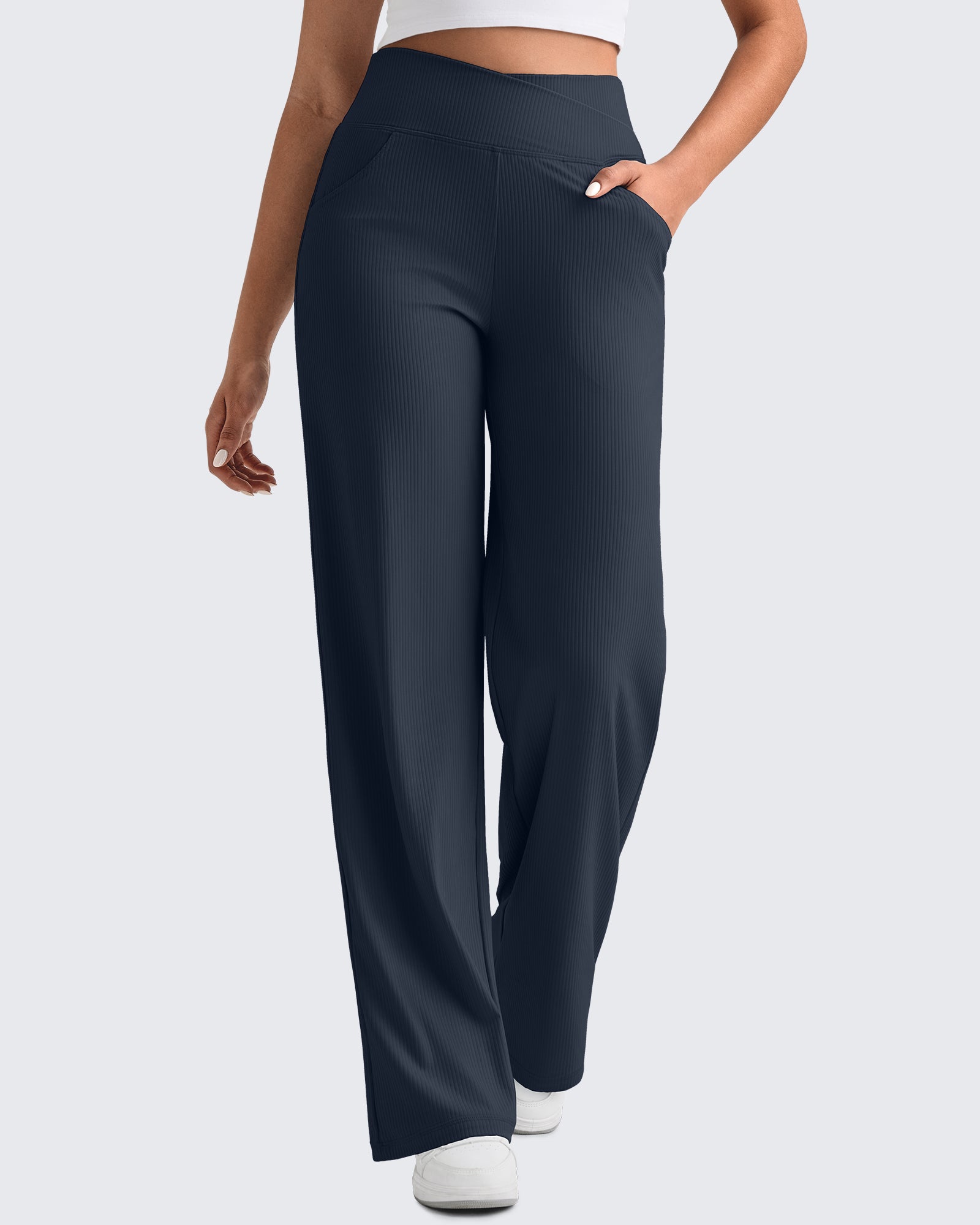 G4Free - Ribbed Cross High-Waist Wide Leg Pants -GF25J505AF-XS