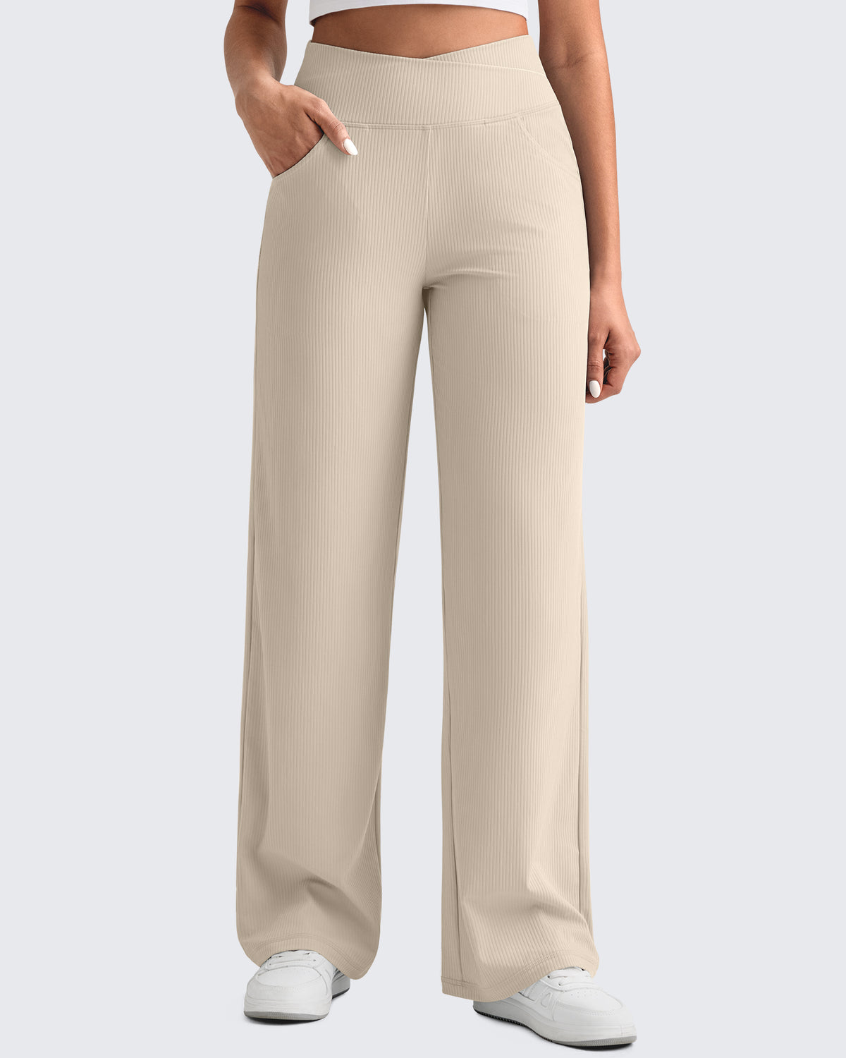 G4Free - Ribbed Cross High-Waist Wide Leg Pants -GF25J505BF-XS