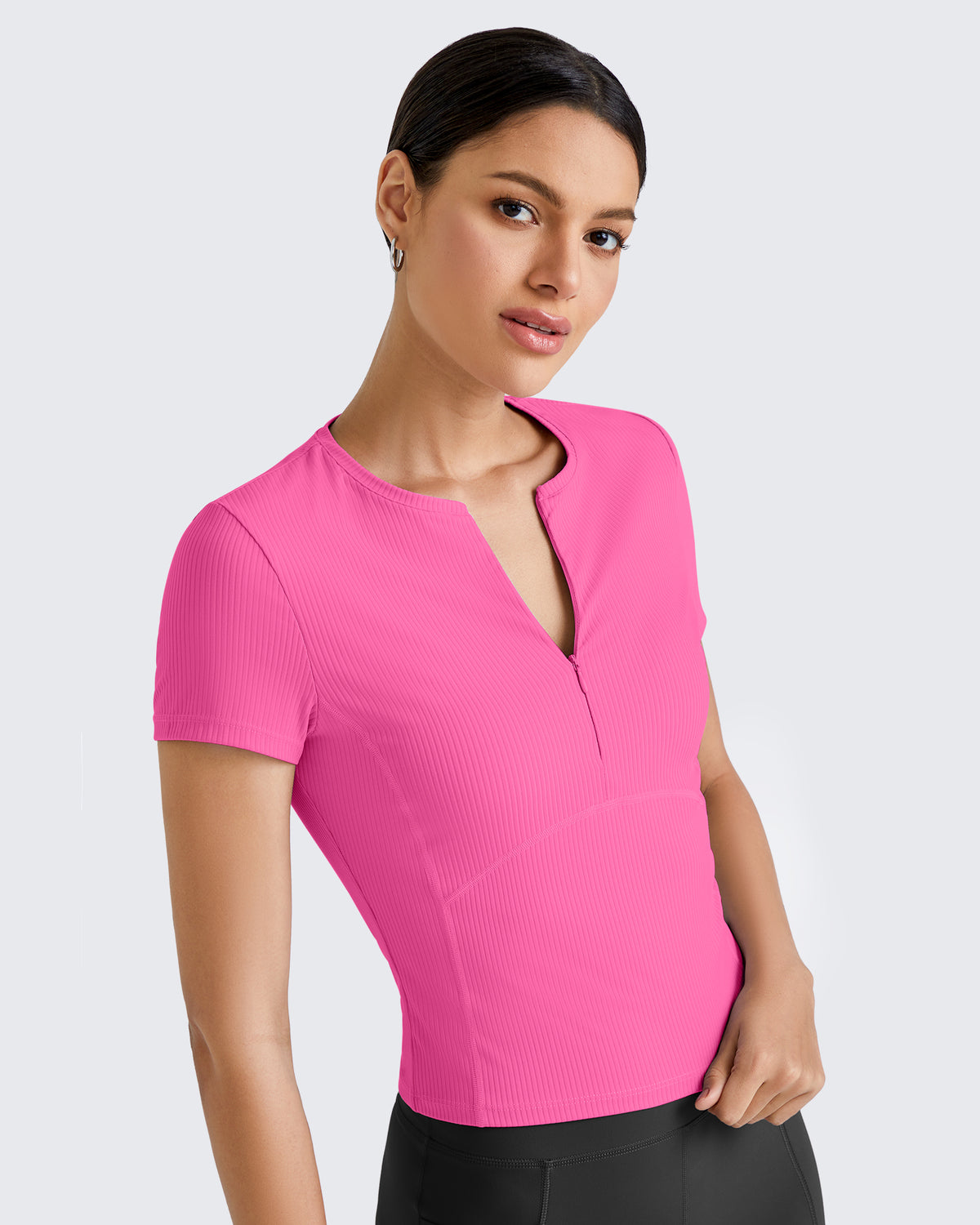 G4Free - Ribbed Half Zip Slim Work Out Short Sleeve -GF25K332AA-S