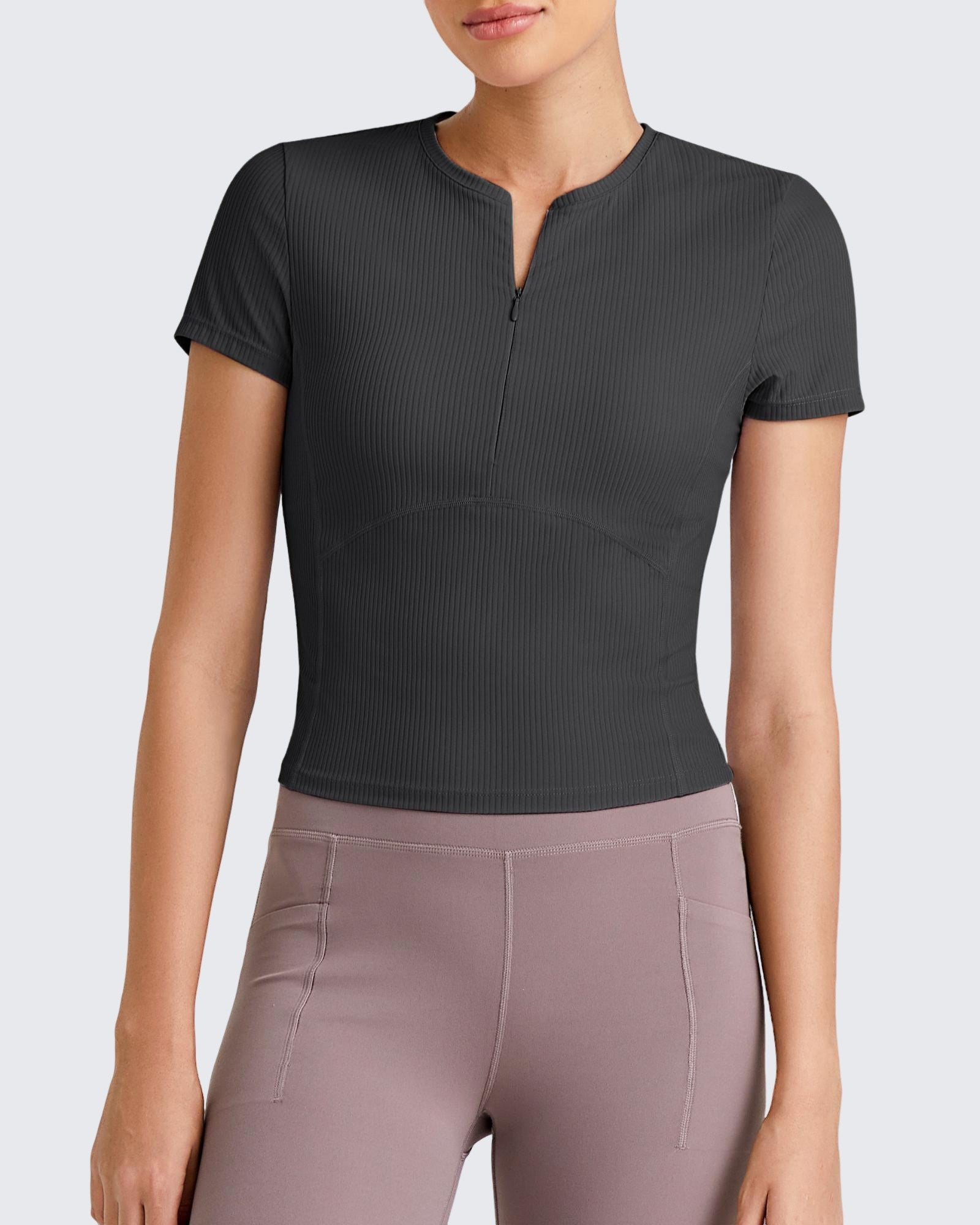 G4Free - Ribbed Half Zip Slim Work Out Short Sleeve -GF25K332AA-S