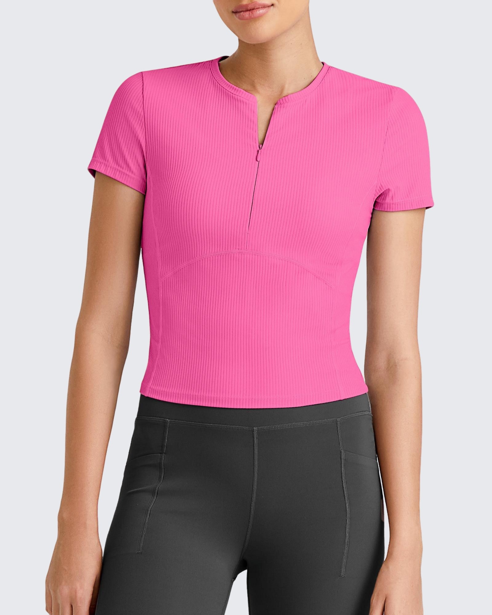 G4Free - Ribbed Half Zip Slim Work Out Short Sleeve -GF25K332GA-S