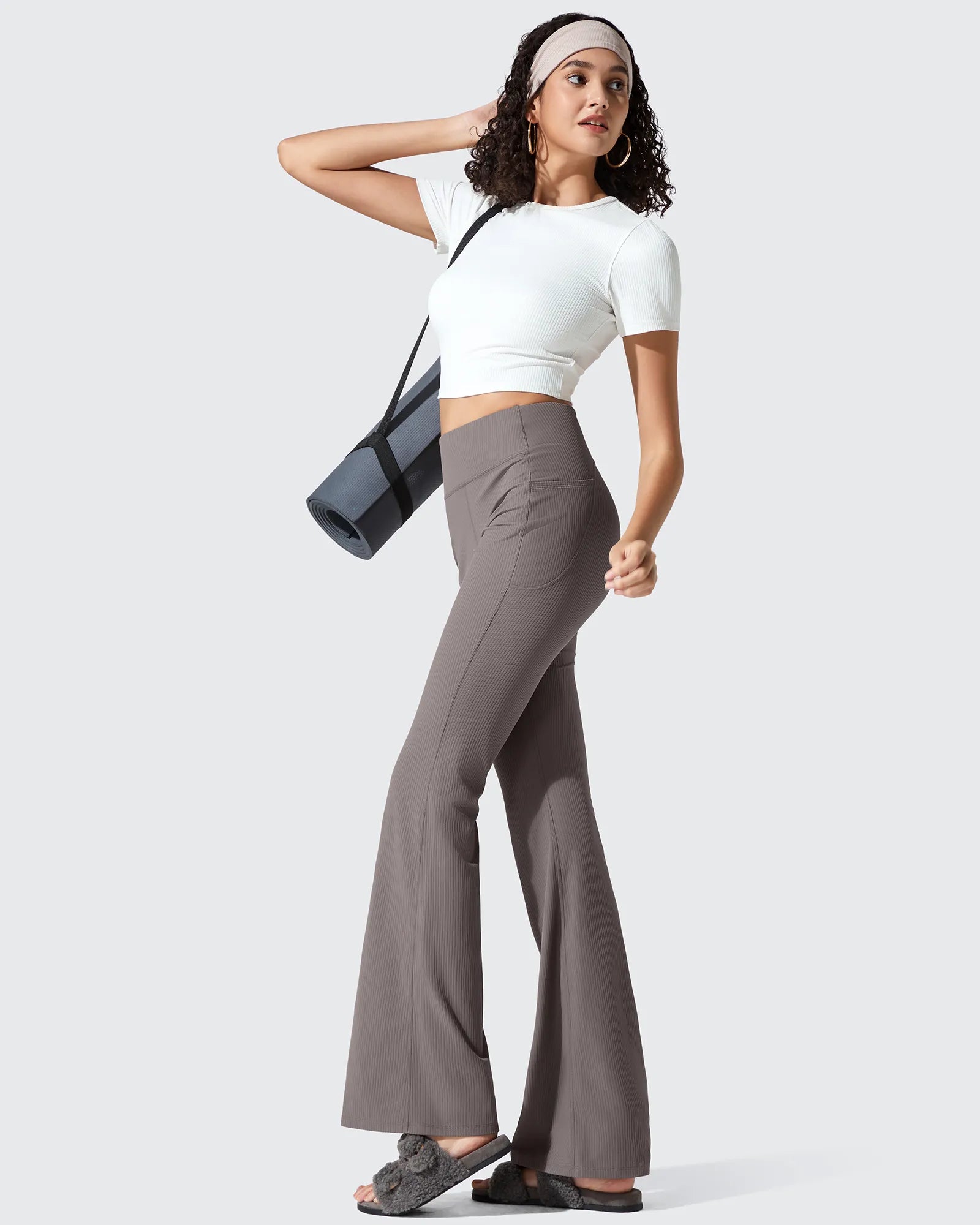 G4Free - Ribbed High Waisted Pockets Bootcut Leggings -GF25A568AA-S