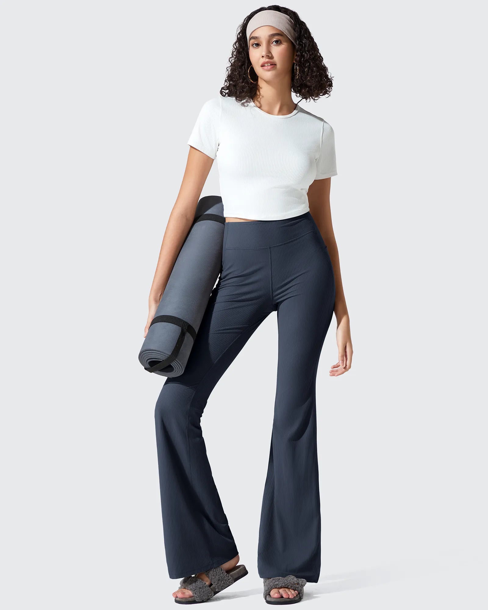 G4Free - Ribbed High Waisted Pockets Bootcut Leggings -GF25A568AA-S
