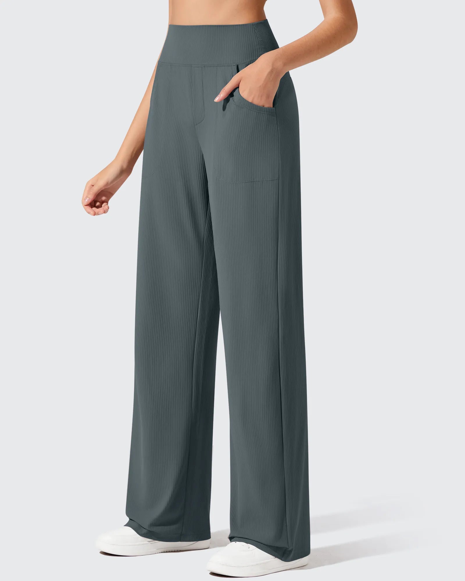 G4Free - Ribbed Knit High Waist Wide Leg Yoga Pants -GF25J650AA-S