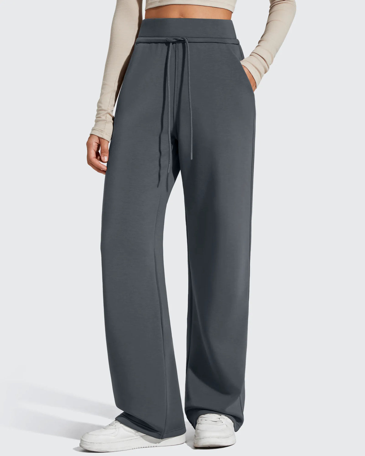 G4Free - Smoofit Elastic Drawstring Fleece Lined Wide Leg Sweatpants -GF25J723BA-S