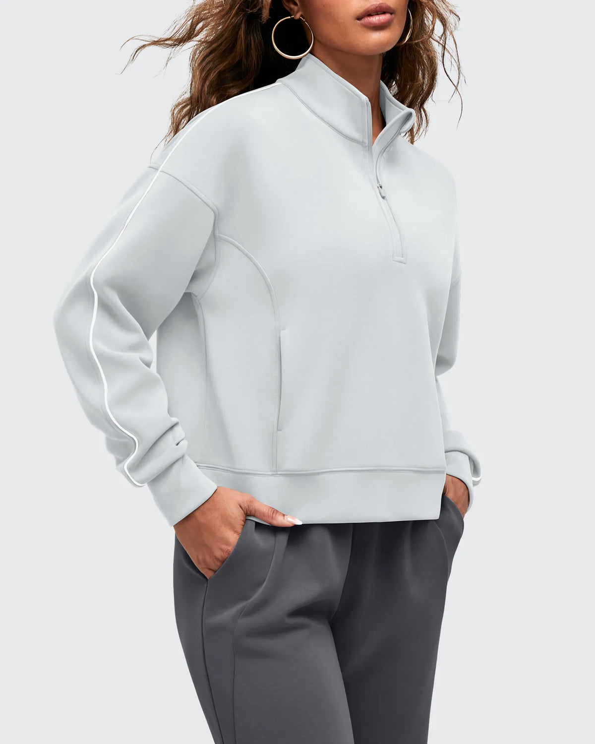 G4Free - Smoofit Half-Zip White Piping Mock Neck Pullover Sweatshirts -GF25F557AF-XS