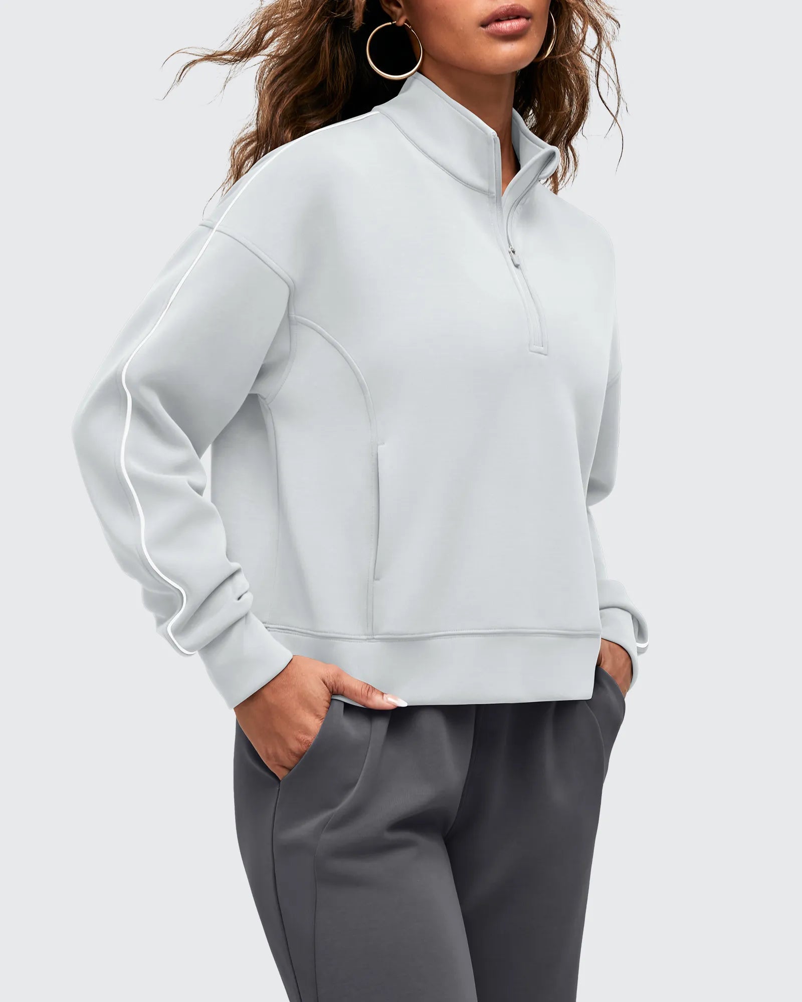 G4Free - Smoofit Half-Zip White Piping Mock Neck Pullover Sweatshirts -GF25F557AF-XS