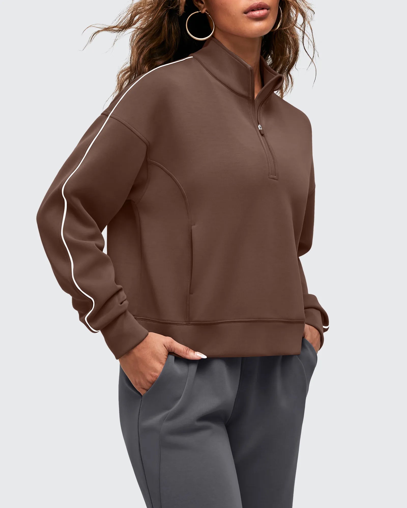 G4Free - Smoofit Half-Zip White Piping Mock Neck Pullover Sweatshirts -GF25F557AF-XS