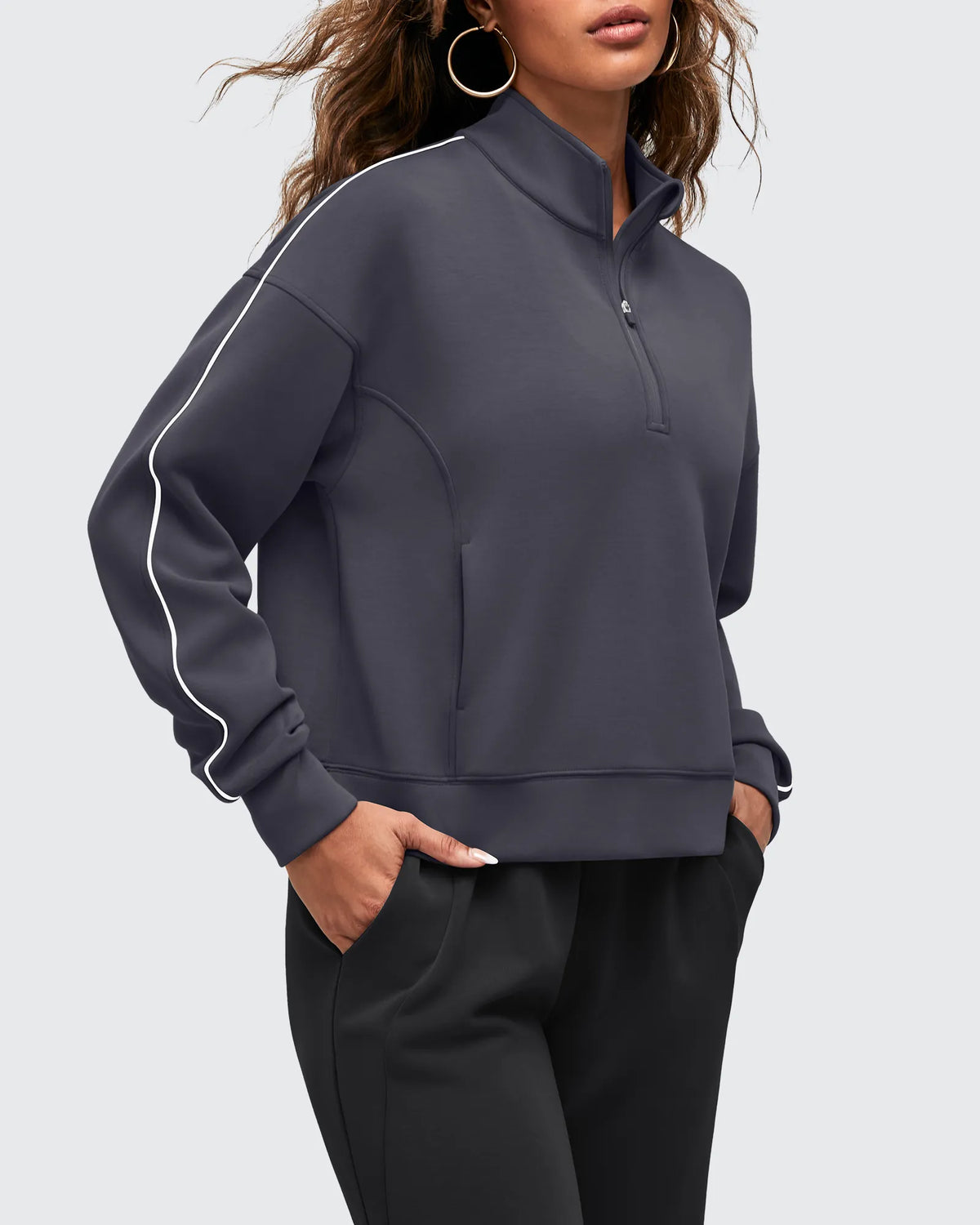 G4Free - Smoofit Half-Zip White Piping Mock Neck Pullover Sweatshirts -GF25F557AF-XS