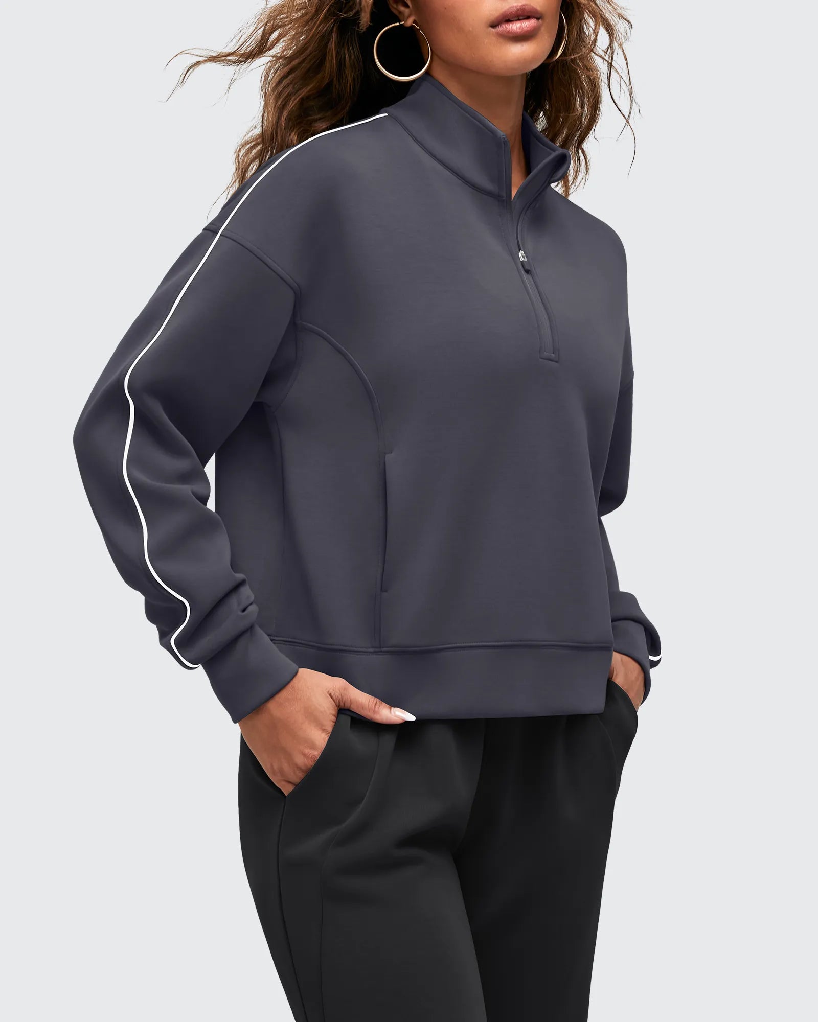 G4Free - Smoofit Half-Zip White Piping Mock Neck Pullover Sweatshirts -GF25F557AF-XS