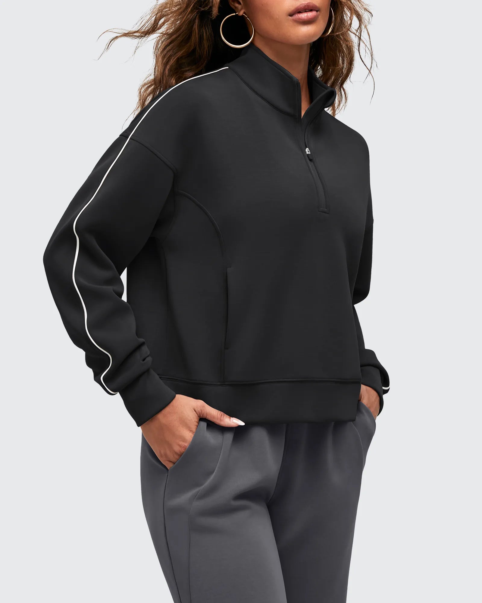 G4Free - Smoofit Half-Zip White Piping Mock Neck Pullover Sweatshirts -GF25F557AF-XS