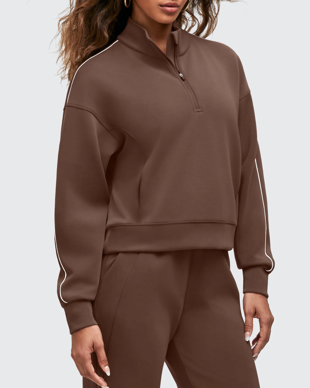 G4Free - Smoofit Half-Zip White Piping Mock Neck Pullover Sweatshirts -GF25F557AF-XS