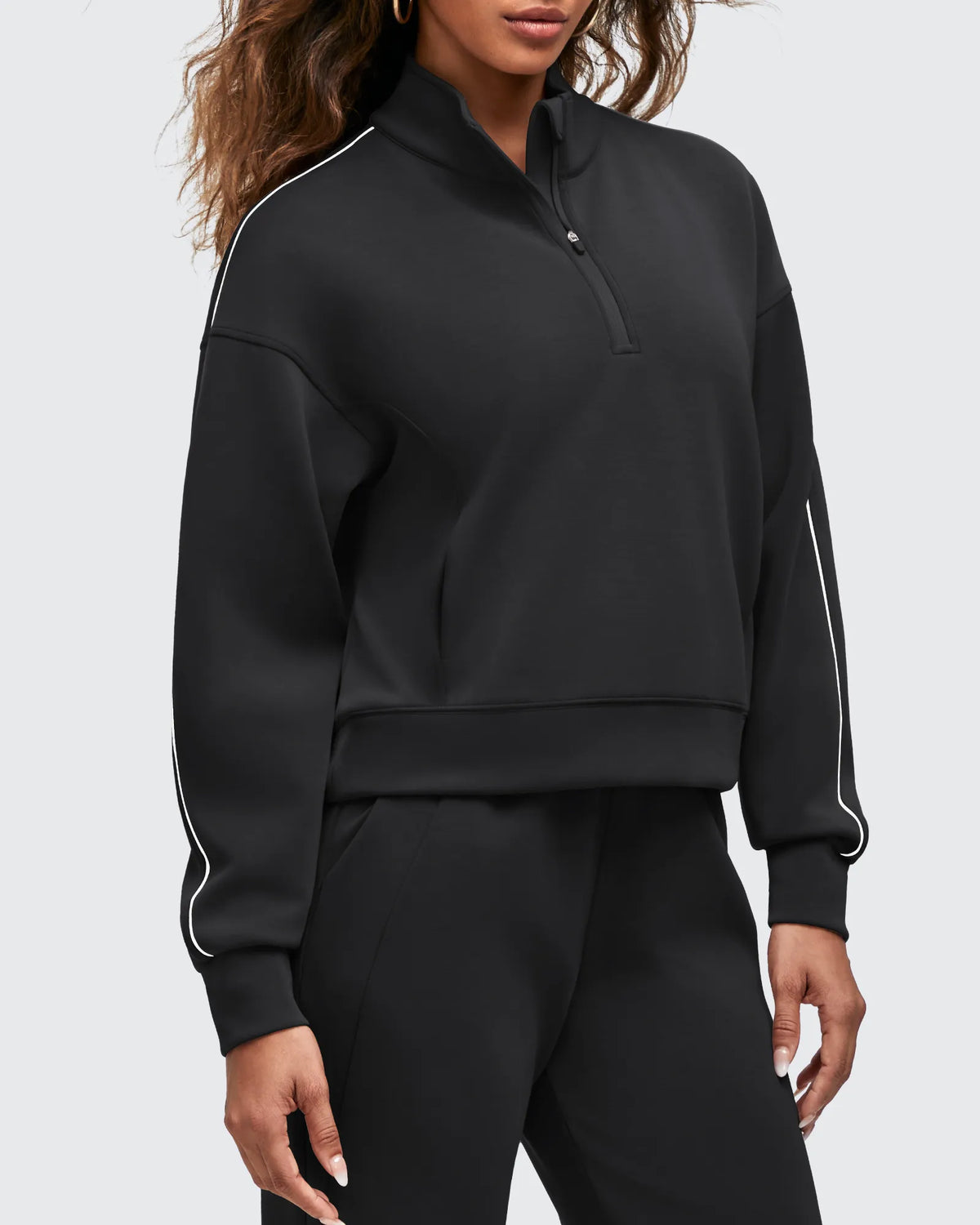 G4Free - Smoofit Half-Zip White Piping Mock Neck Pullover Sweatshirts -GF25F557AF-XS